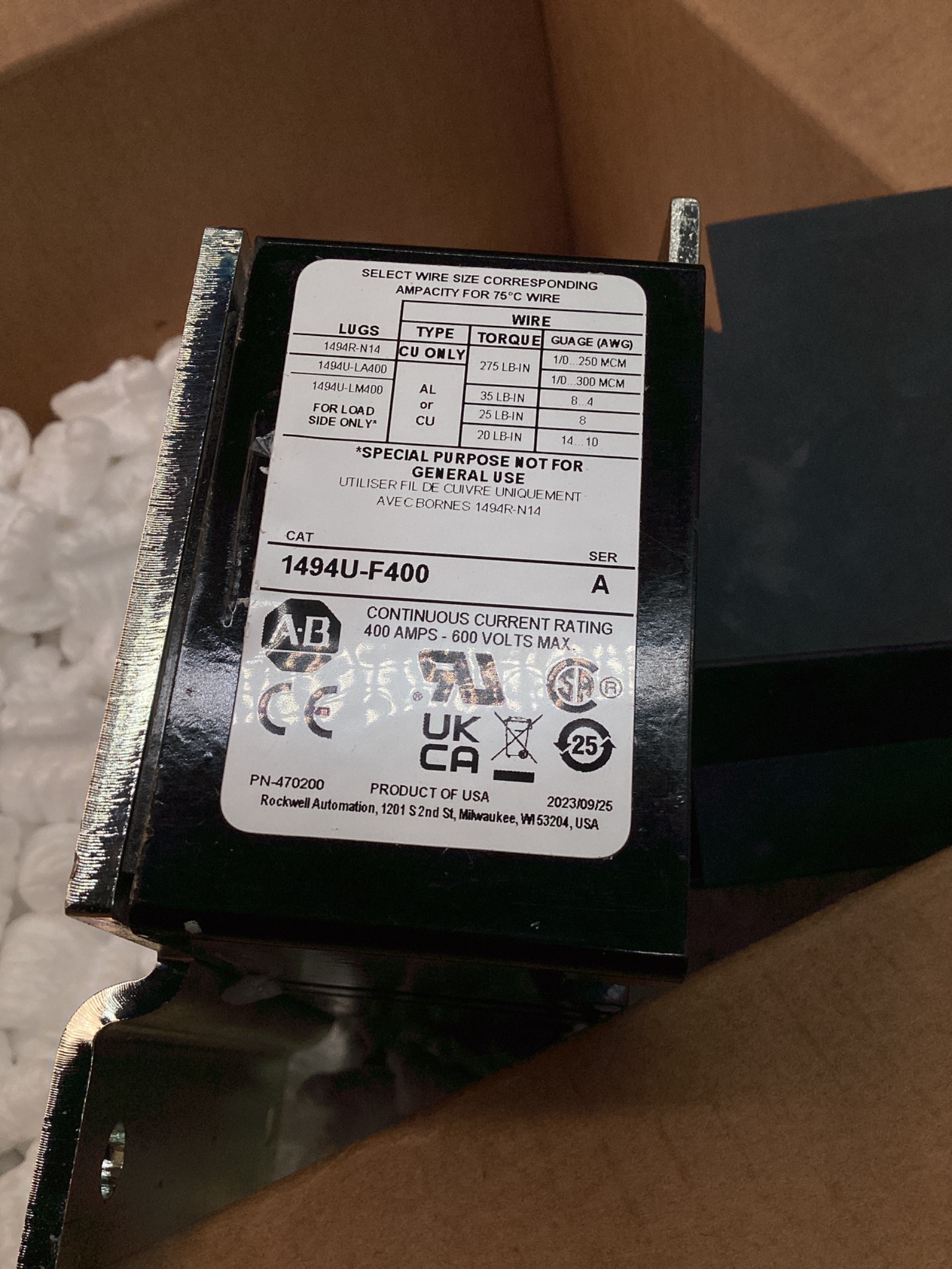 ALLEN BRADLEY 1494U-F400 Disconnect Switch 400A 600V Ser. A NEW 5