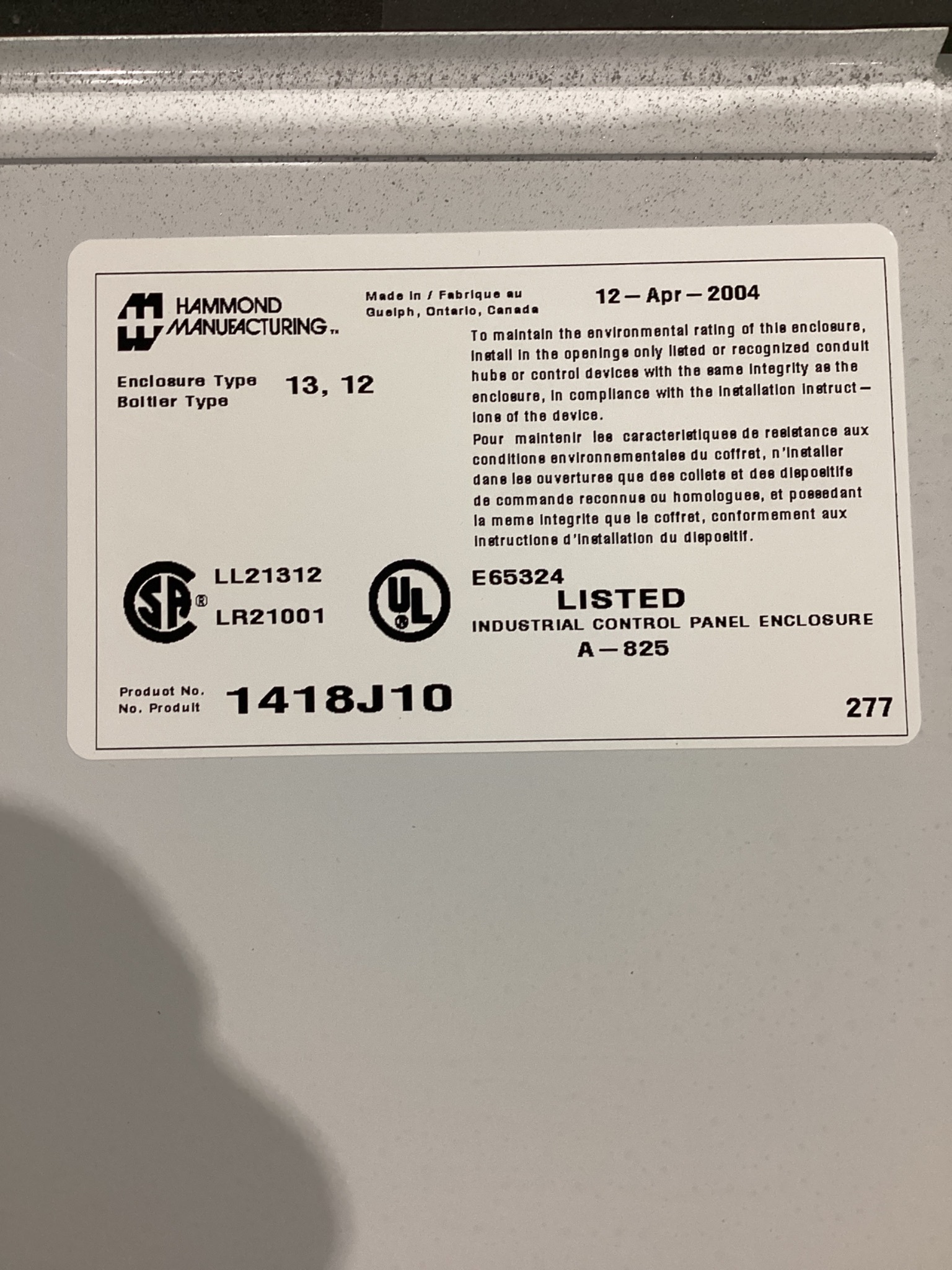 HAMMOND MANUFACTURING 1418J10 Steel Enclosure 24x24x10 NEW 1