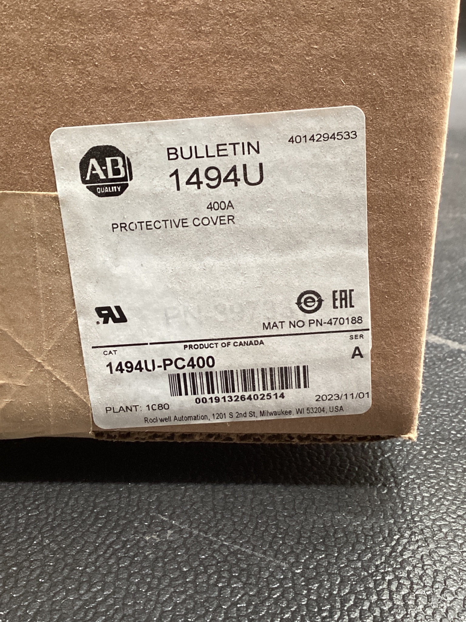 ALLEN BRADLEY 1494U-PC400 Protective Cover 400A Ser. A NEW 4