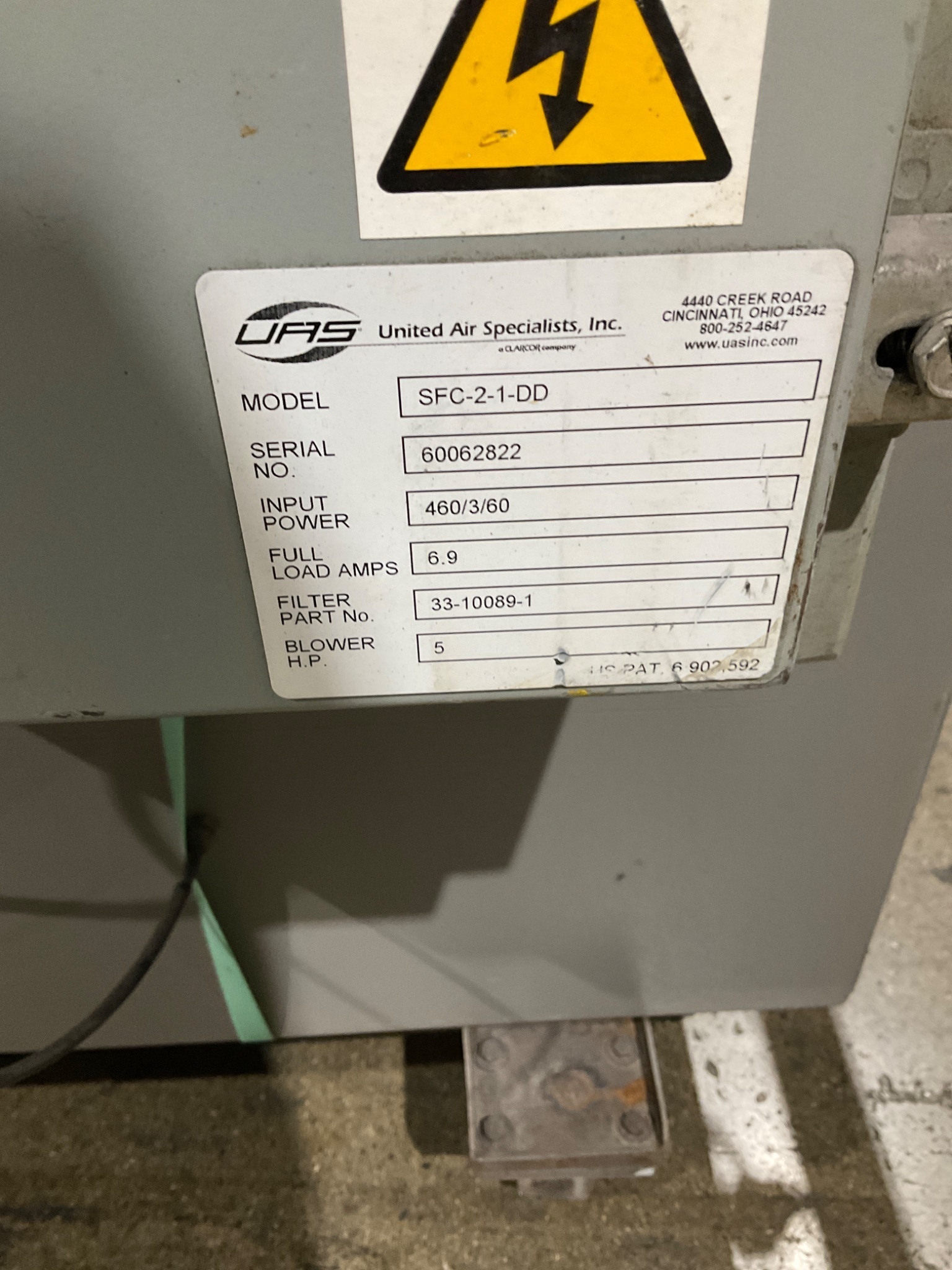 UNITED AIR SPECIALISTS SFC-2-1-DD Dust Collector 5HP 460V USED 2