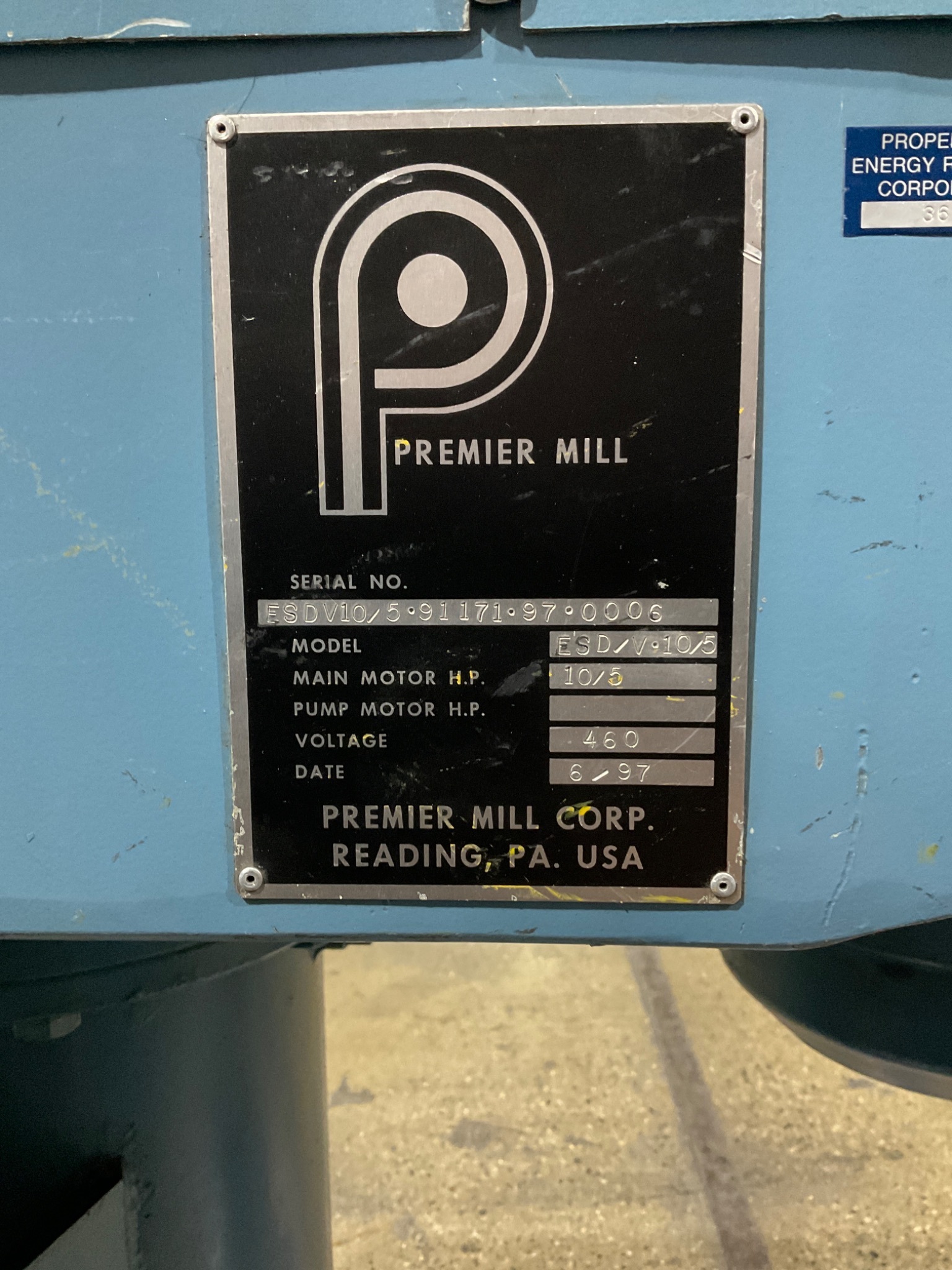 PREMIER MILL ESD/V-10/5 Industrial Mixer 10HP + 5HP 460V USED 1