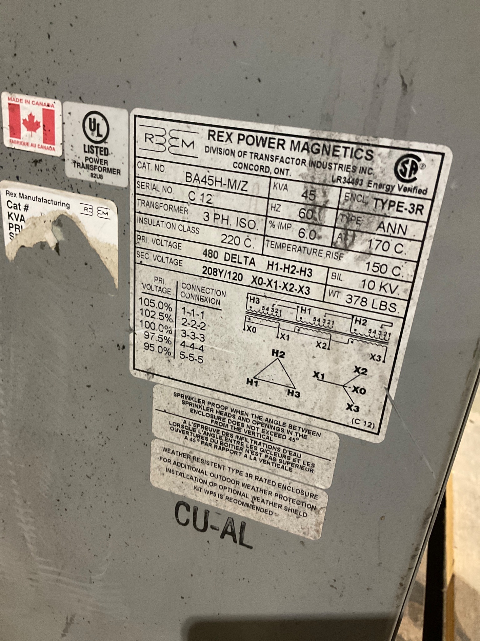 REX POWER MAGNETICS BA45H-M/Z 45kVA Transformer 480V-208Y/120V USED 1