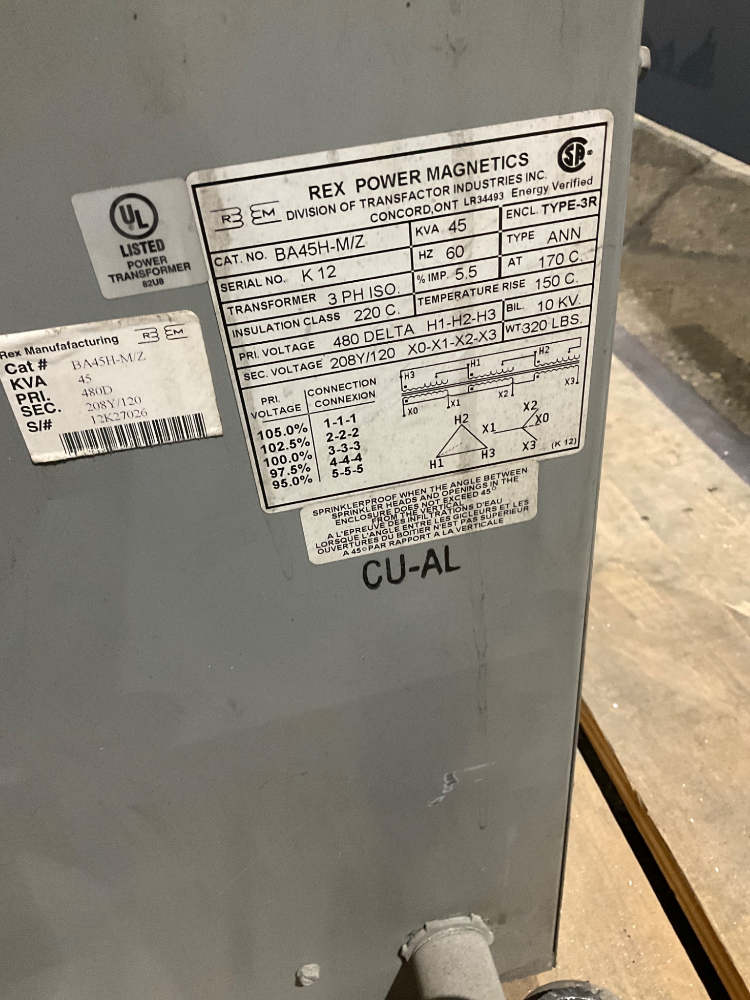 REX POWER MAGNETICS BA45H-M/Z 45kVA Transformer 480V-208Y/120V USED 3