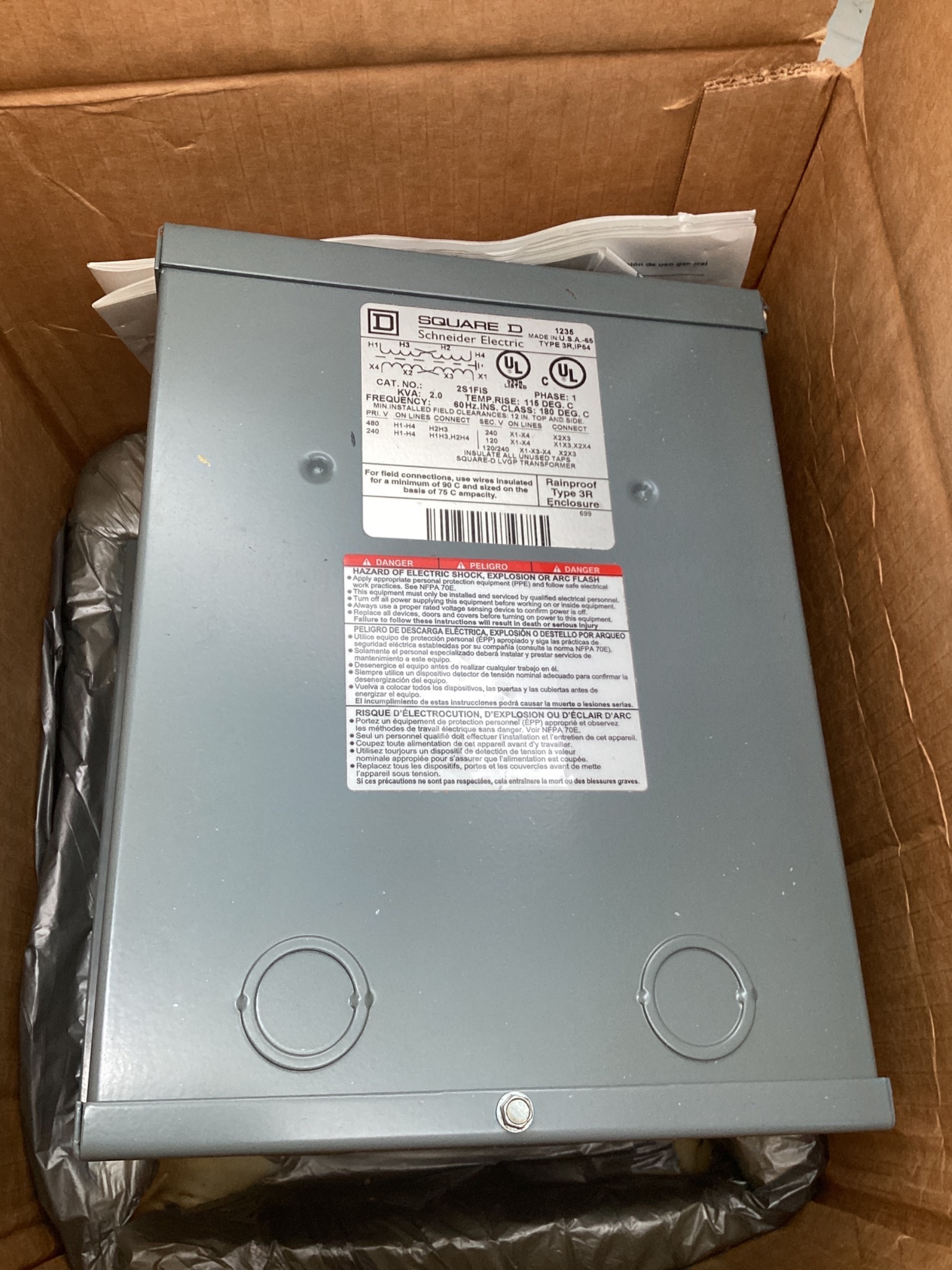 SQUARE D 2S1FIS Dry Type Transformer 2 kVA 240x480V - 120/240V NEW 2