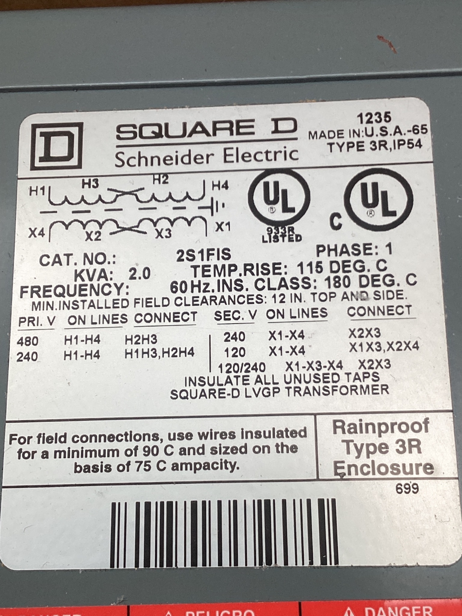 SQUARE D 2S1FIS Dry Type Transformer 2 kVA 240x480V - 120/240V NEW 3