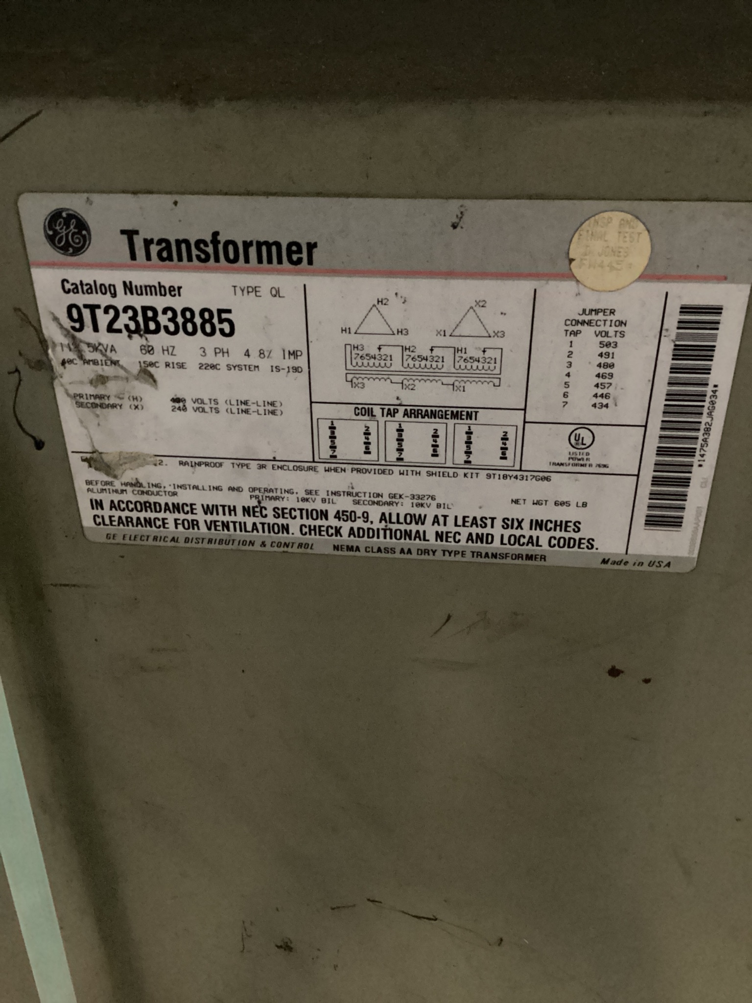 GE 9T23B3885 112.5KVA DRY TYPE TRANSFORMER 3PH 480V - 240V USED 3