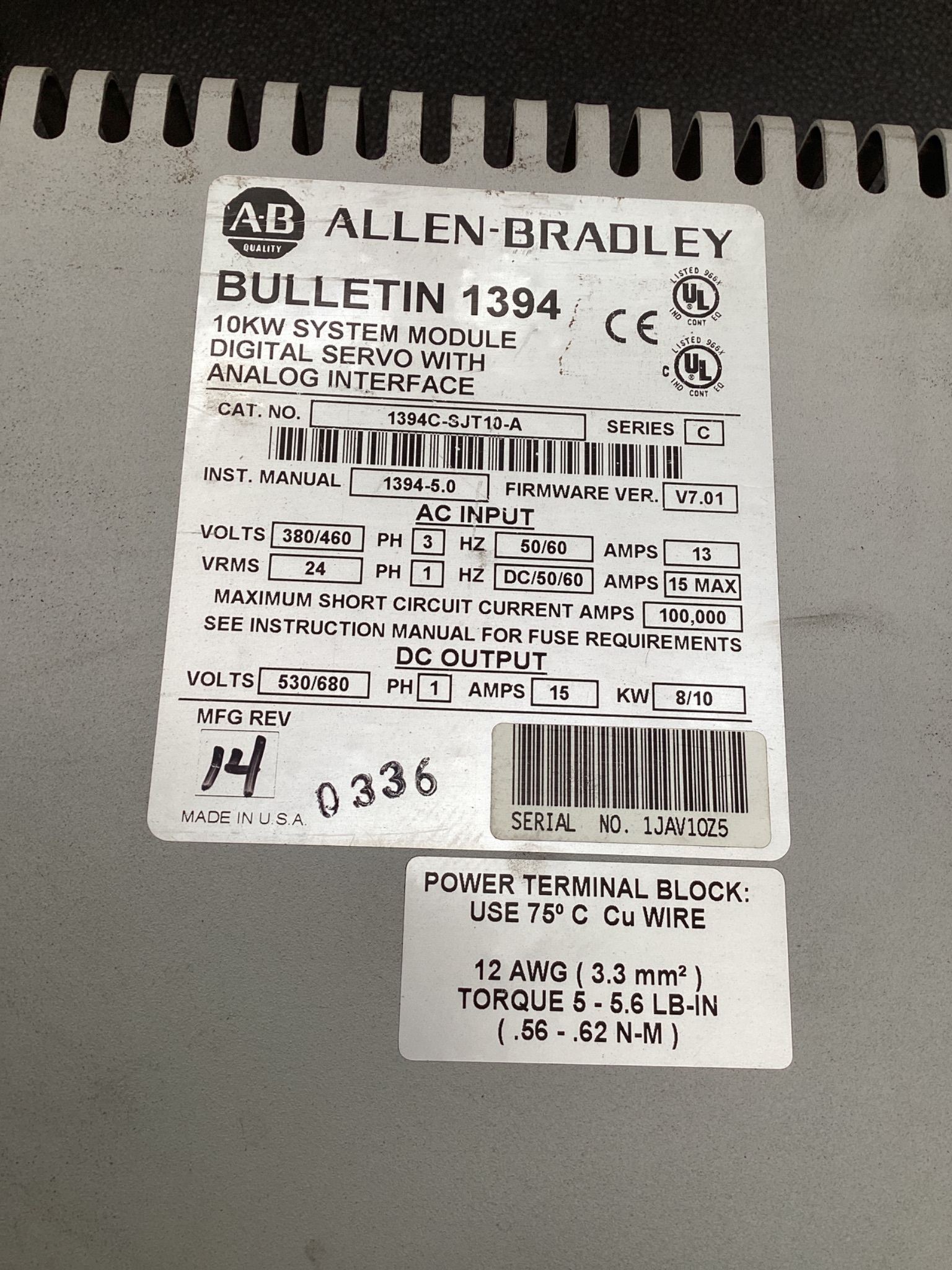 ALLEN BRADLEY 1394C-SJT10-A Digital Servo Controller Series C USED 5