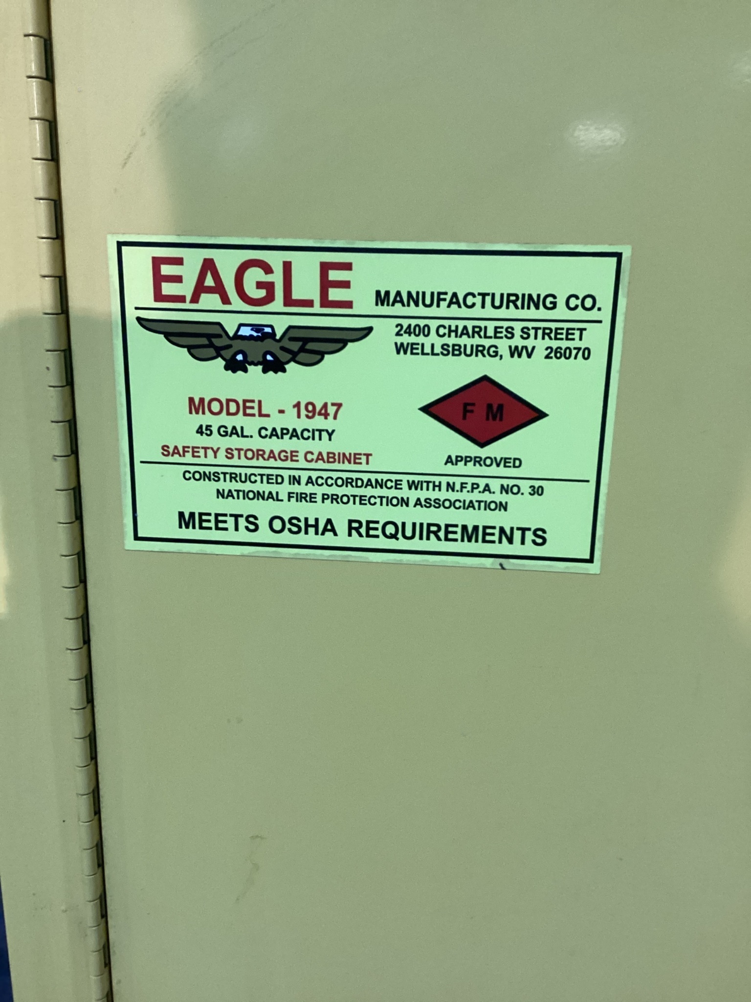 EAGLE MANUFACTURING 1947 Flammable Safety Cabinet USED 2