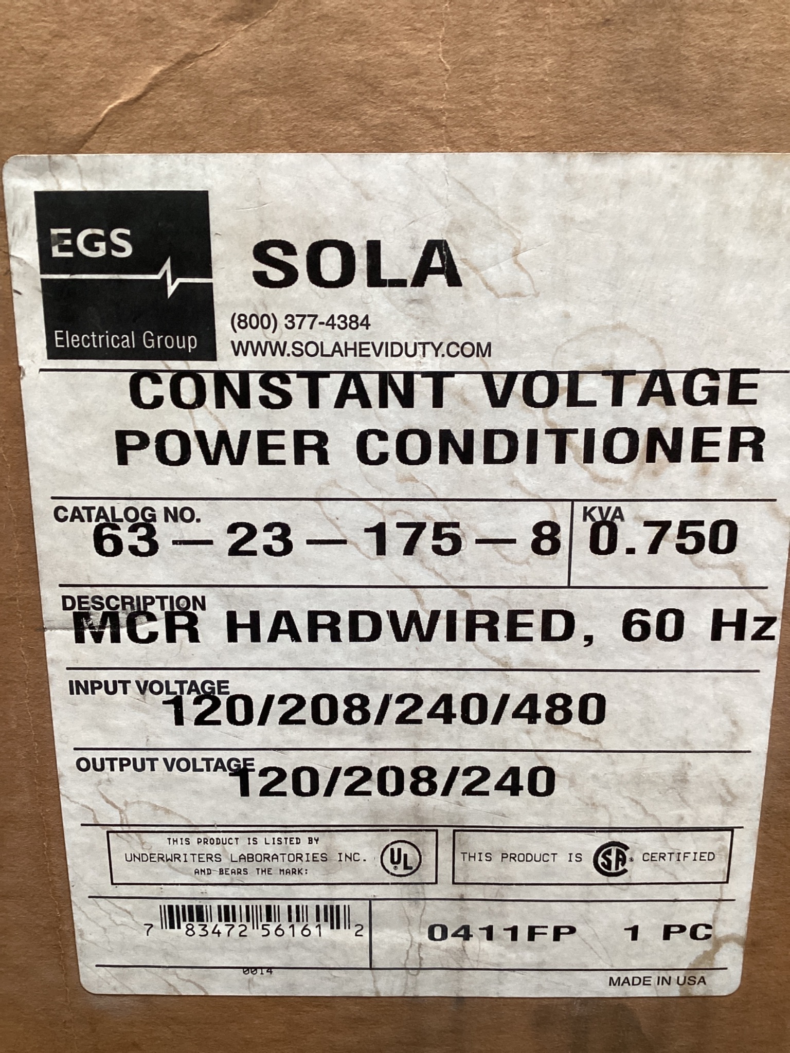SolaHD 63-23-175-8 MCR Hardwire Voltage Regulator 750VA NEW 3