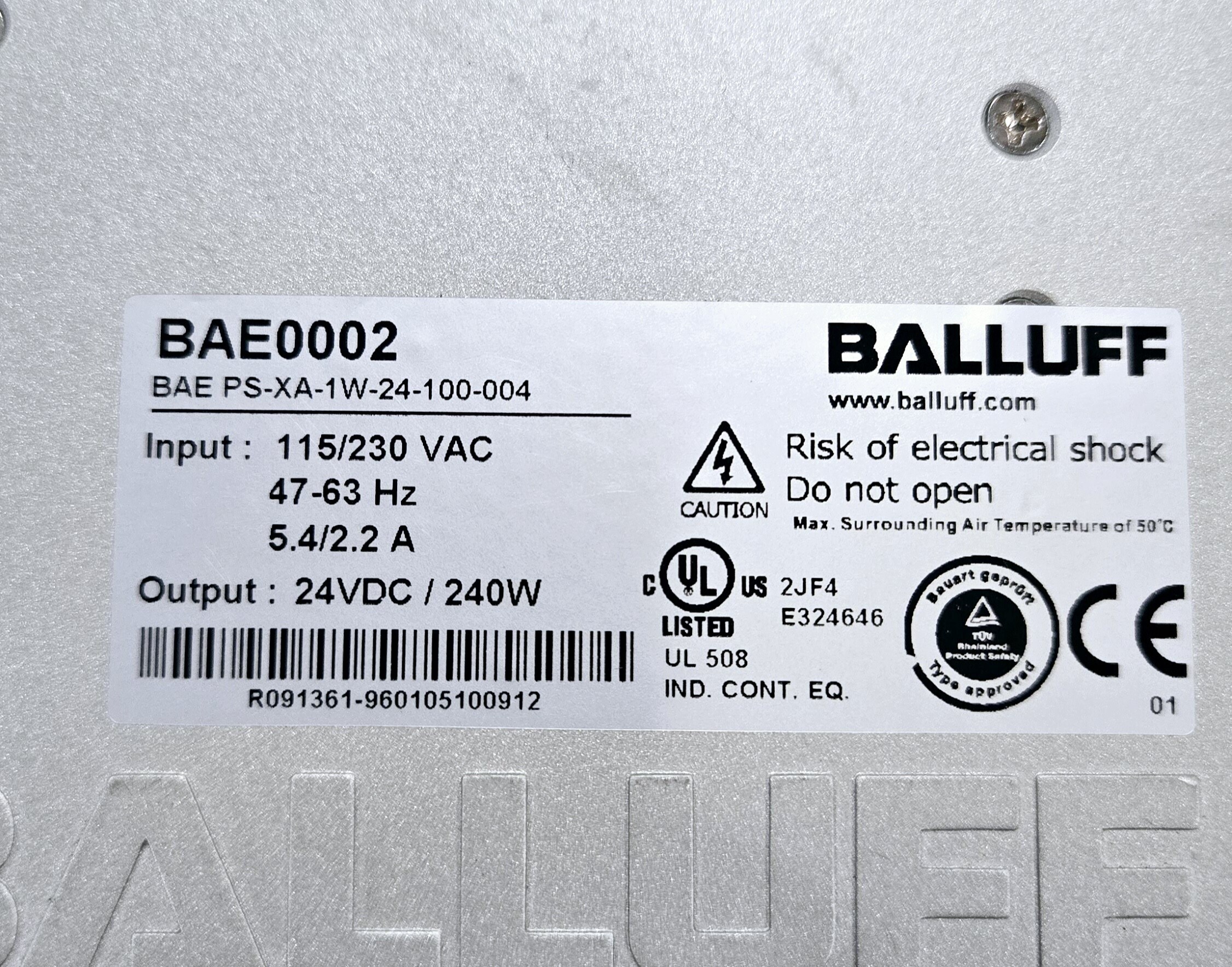 Balluff BAE PS-XA-1W-24-100-004 24VDC 10A Power Supply USED 2