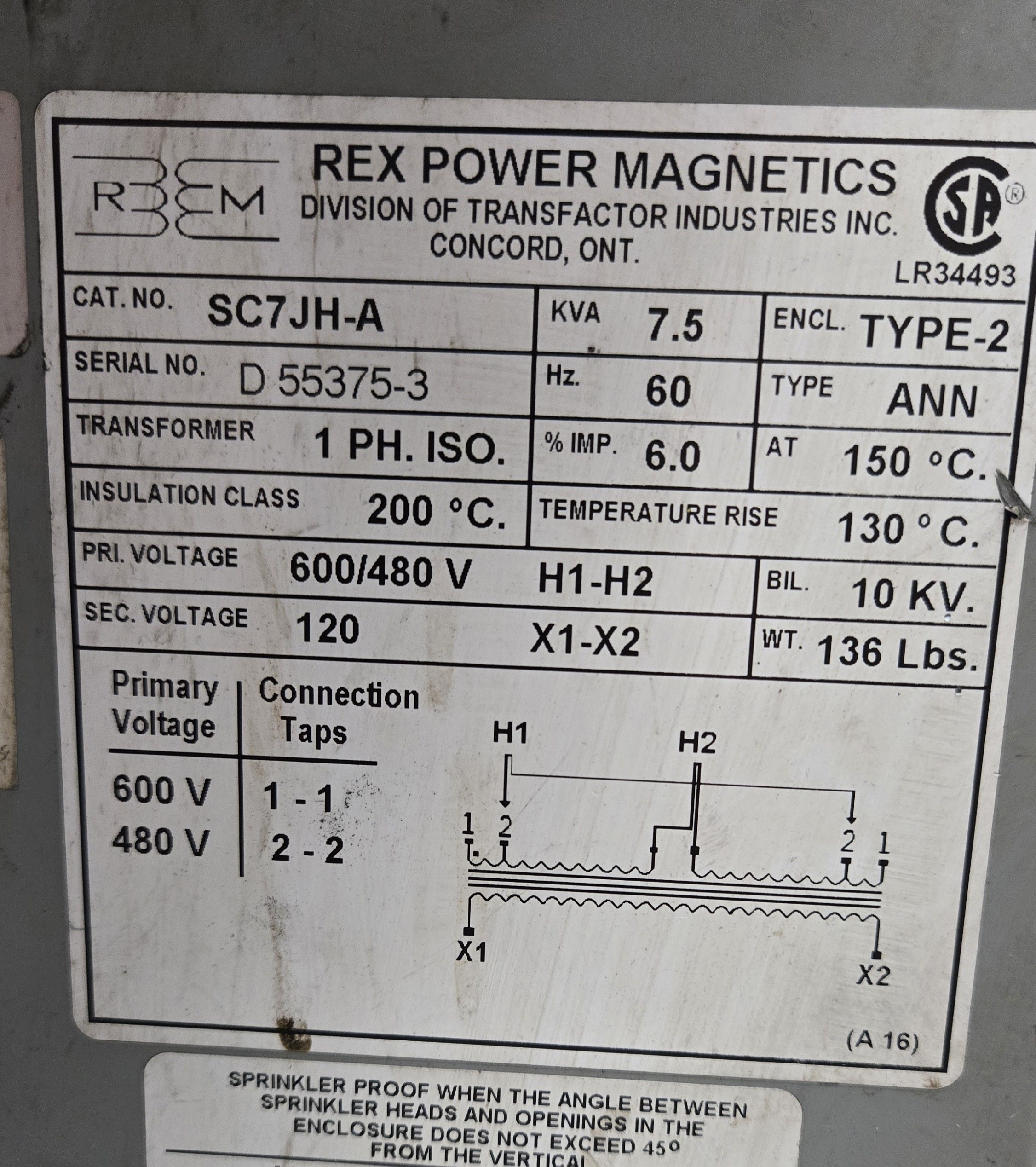 REX POWER MAGNETICS SC7JH-A 7.5 KVA TRANSFORMER USED 2