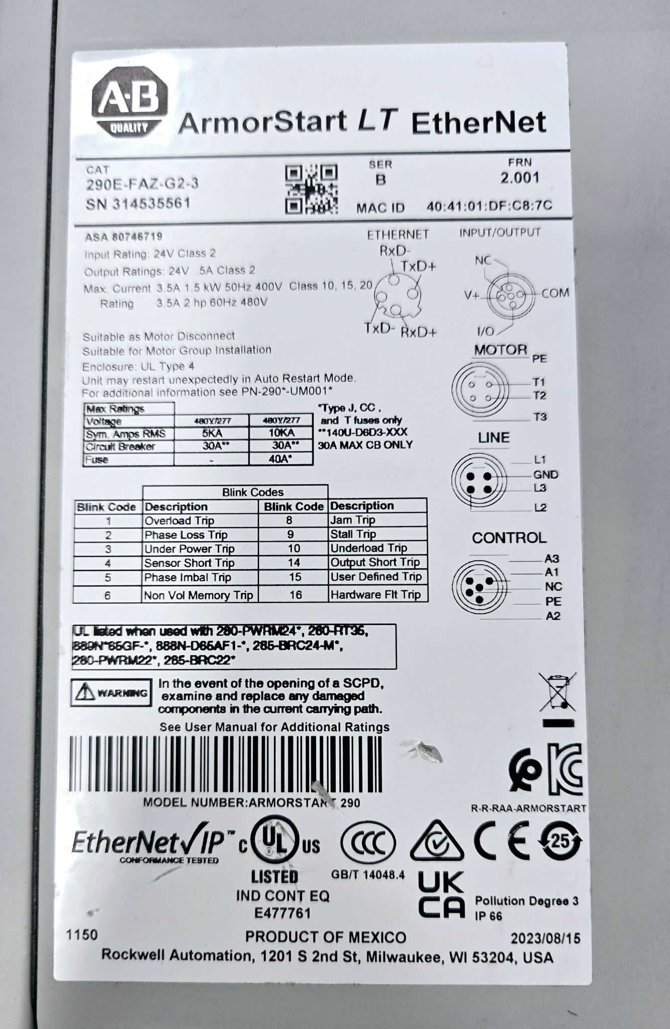 ALLEN BRADLEY 290E-FAZ-G2-3 ONLINE STARTER USED 2