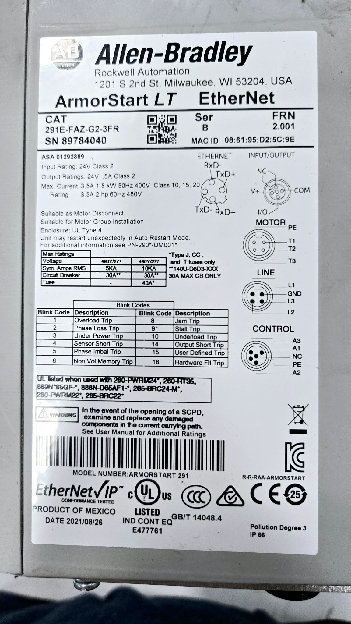 ALLEN BRADLEY 291E-FAZ-G2-3FR ONLINE REVERSING STARTER USED 2