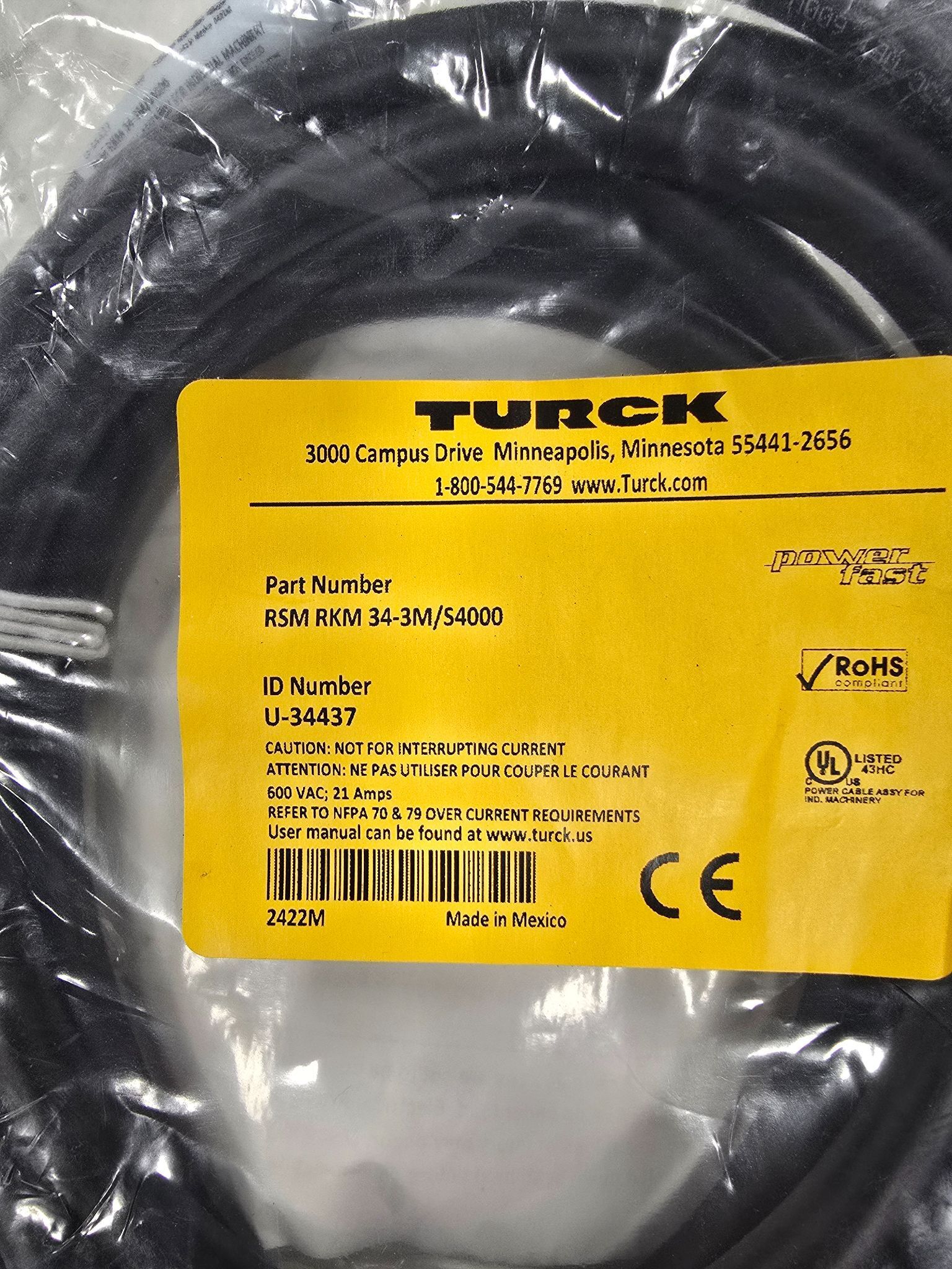 TURCK RSM-RKM-34-3M-S4000 SENSOR CABLE NEW 1