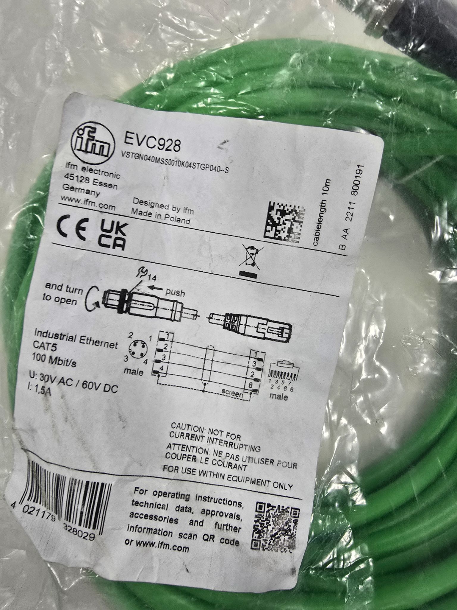 IFM EVC928 ETHERNET CABLE NEW 1