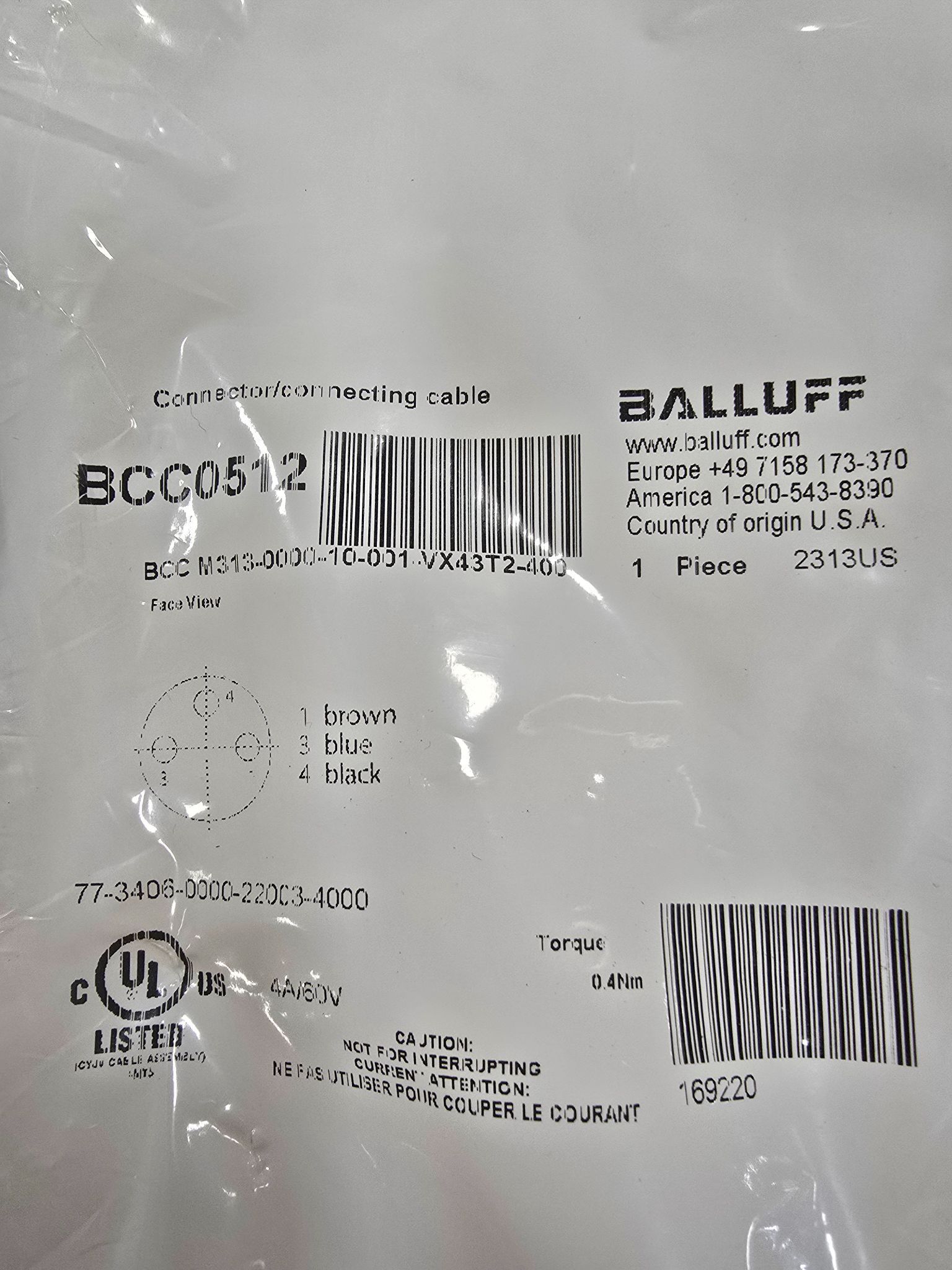 BALLUFF BCC-M313-0000-10-001-VX43T2-400 SENSOR CABLE NEW 1