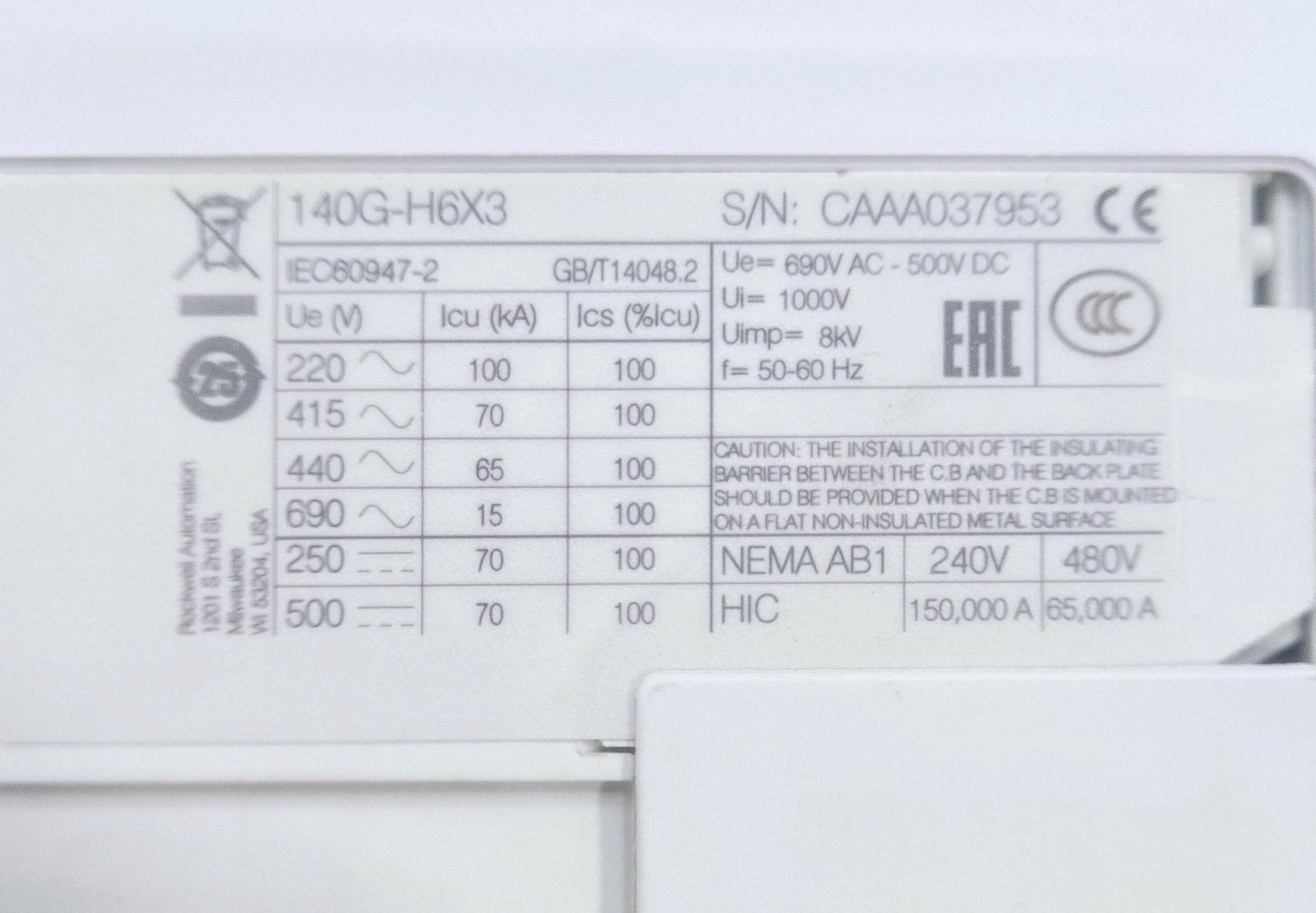 ALLEN BRADLEY 140G-H6X3 DISCONNECT SWITCH KIT USED 5