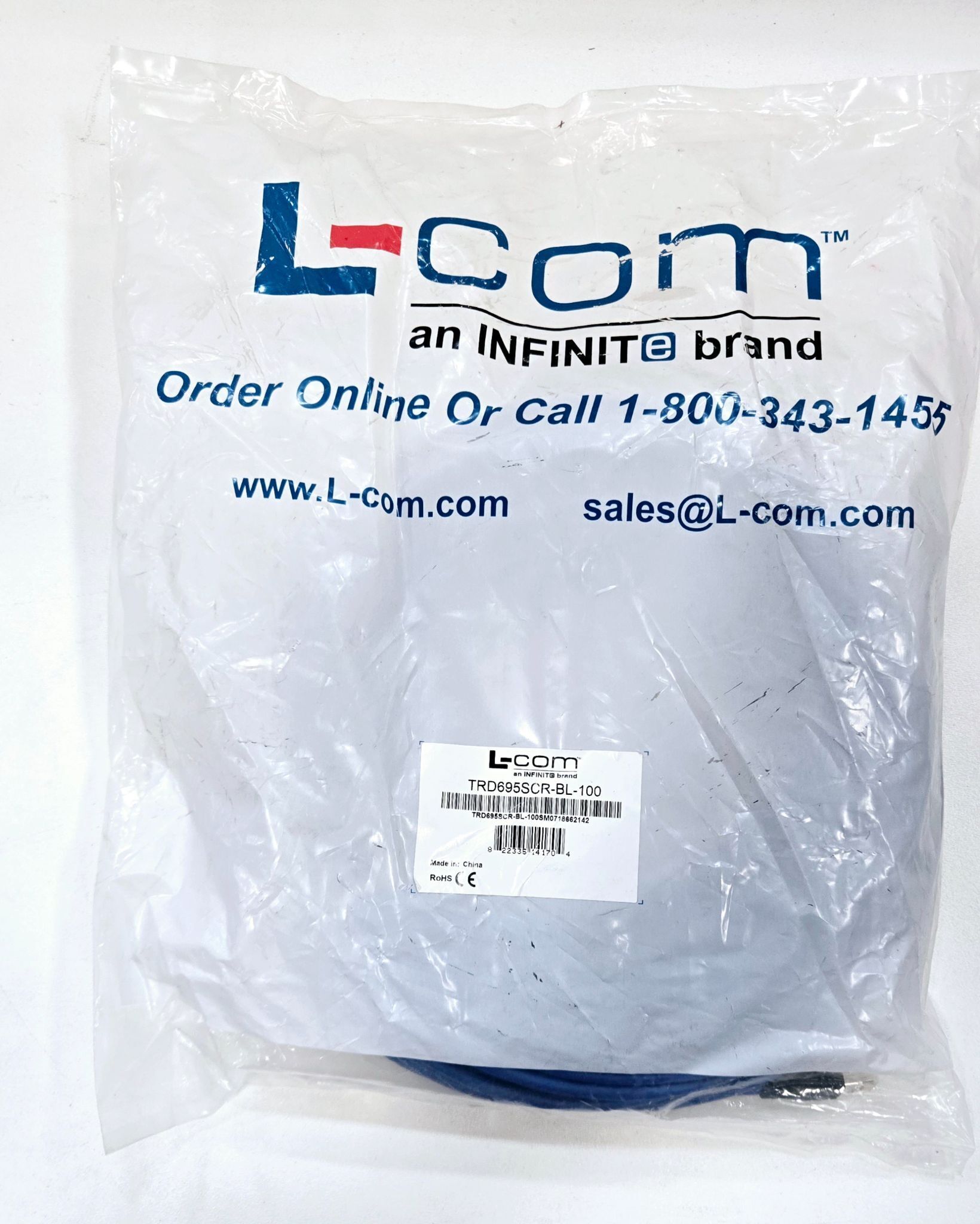 L-COM TRD695SCR-BL-100 SHIELDED CAT6 CABLE 100FT NEW 0