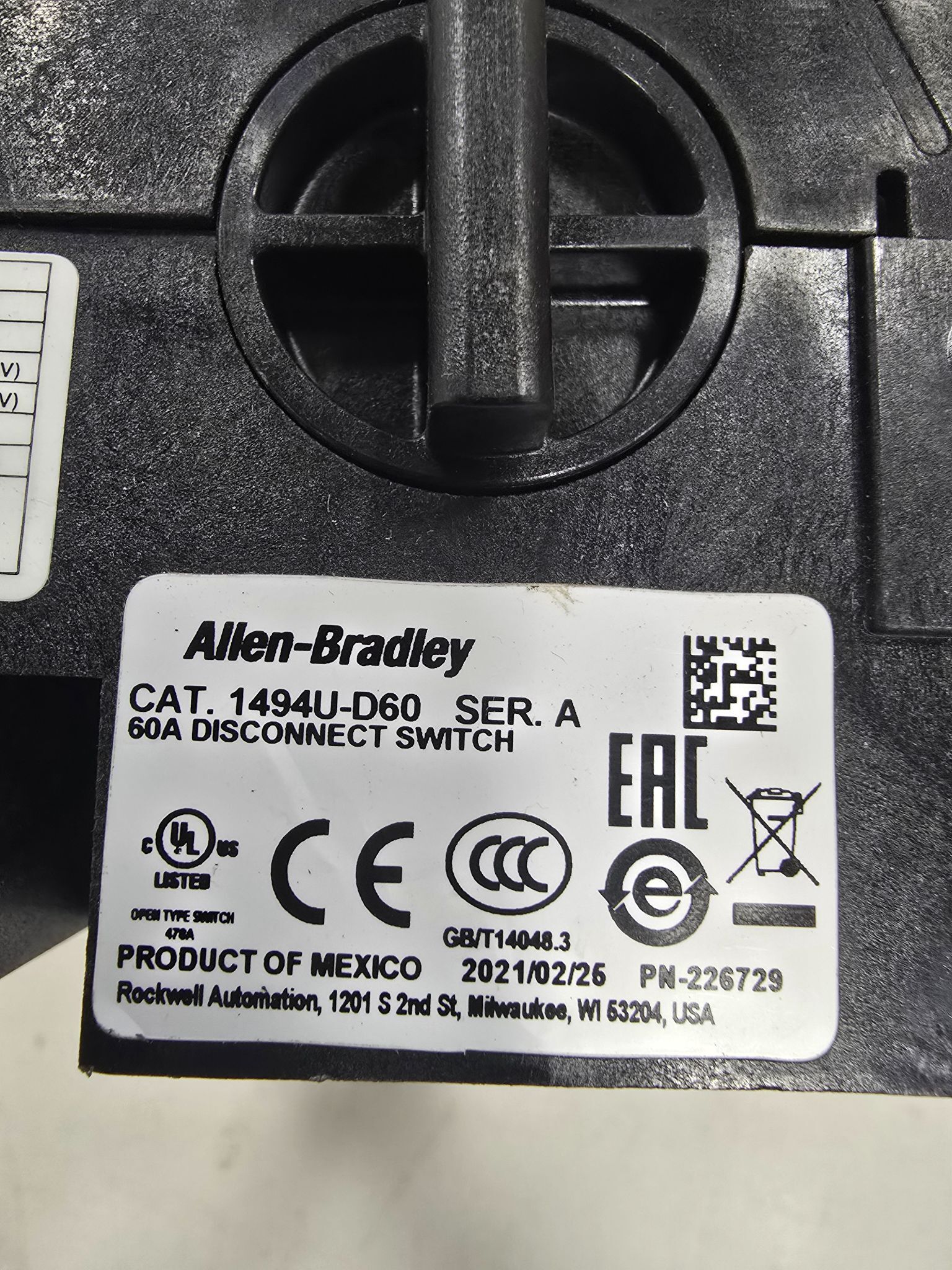 ALLEN BRADLEY 1494U-D60 DISCONNECT SWITCH USED 2