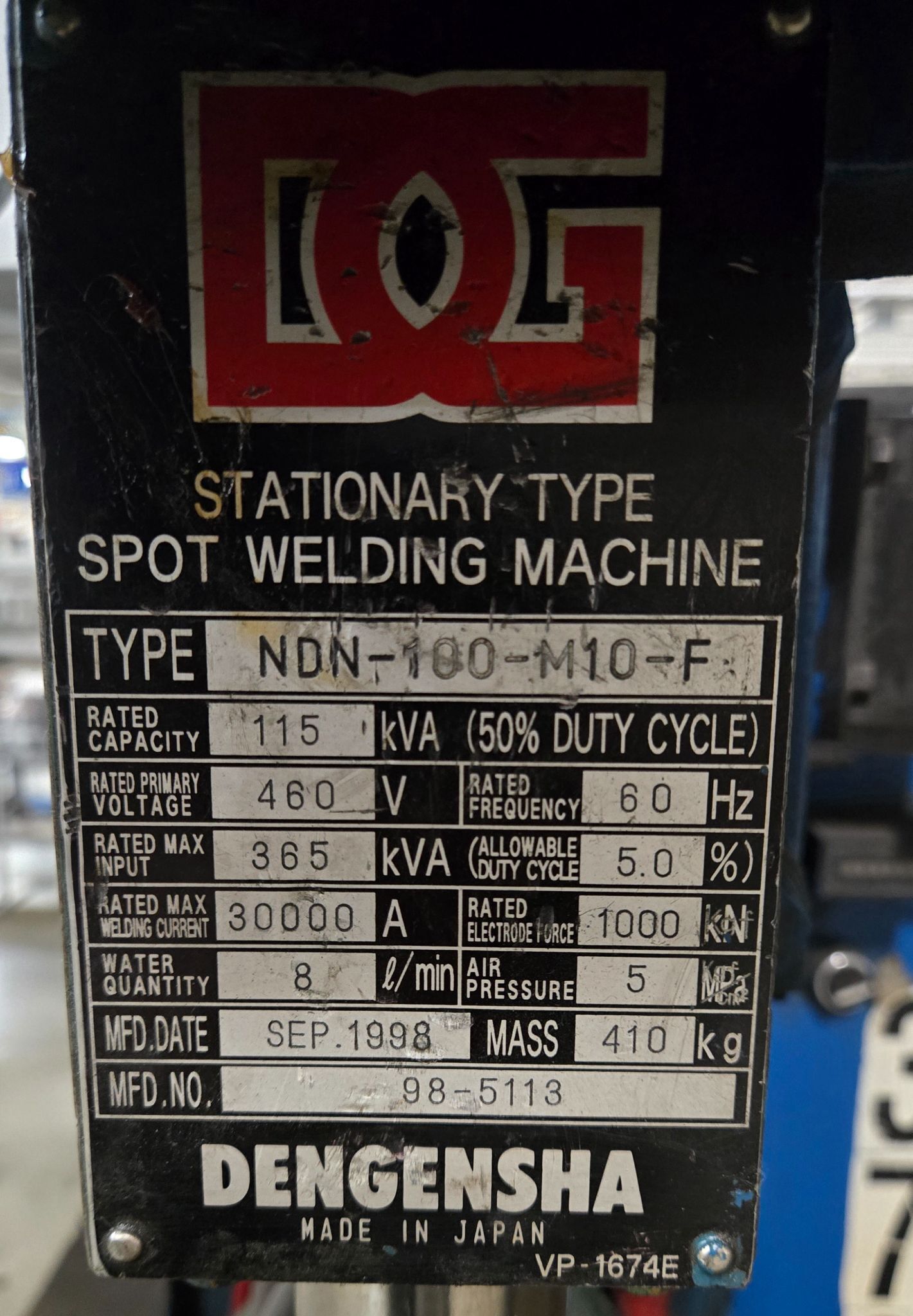 DENGENSHA NDN-100-M10-F SPOT WELDER 115 KVA 460 V USED 6