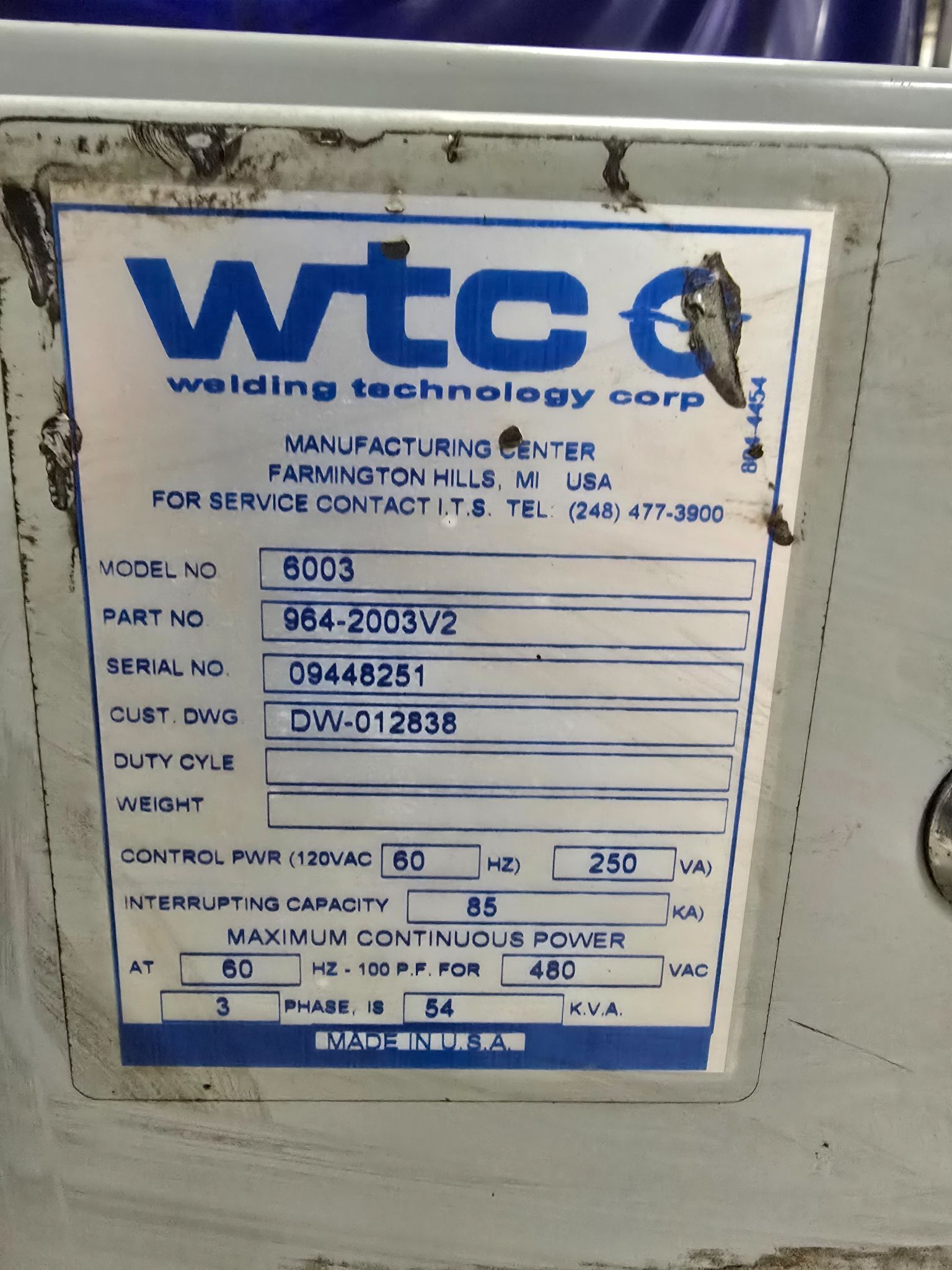 WTC 6003 MEDWELD 600S 964-2003V2 WELD CONTROLLER USED 5