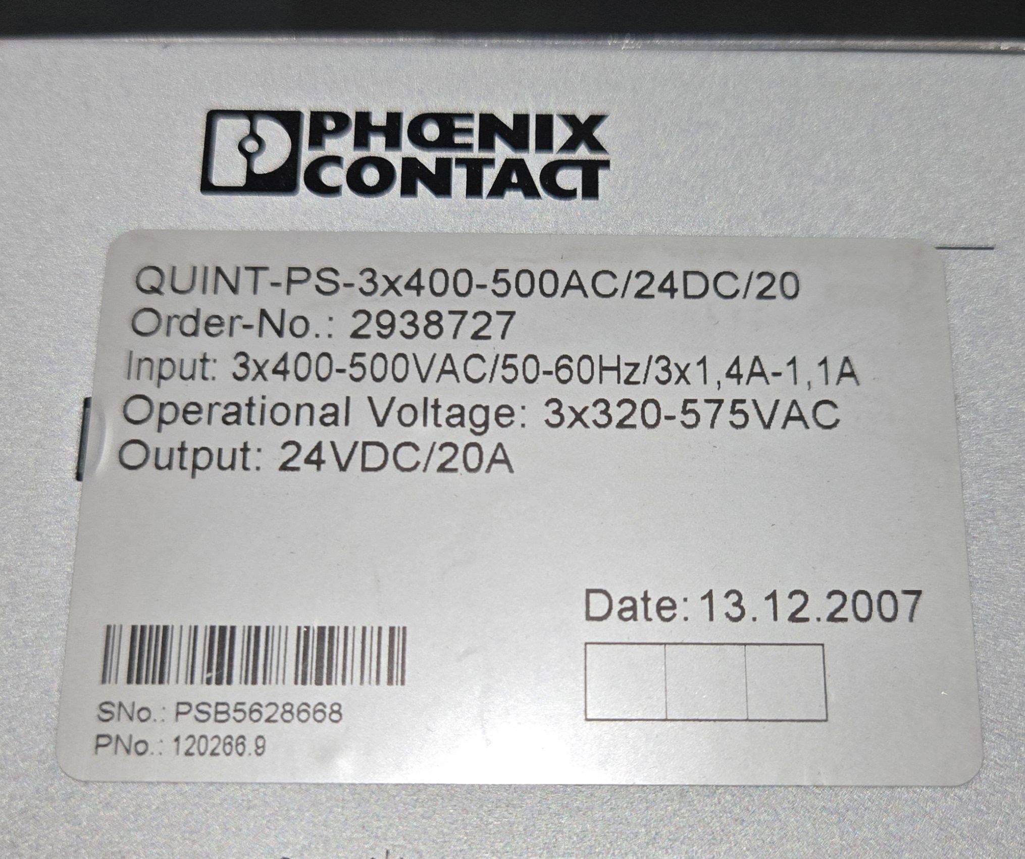 PHOENIX CONTACT QUINT-PS-3x400-500AC/24DC/20 24V POWER SUPPLY 2