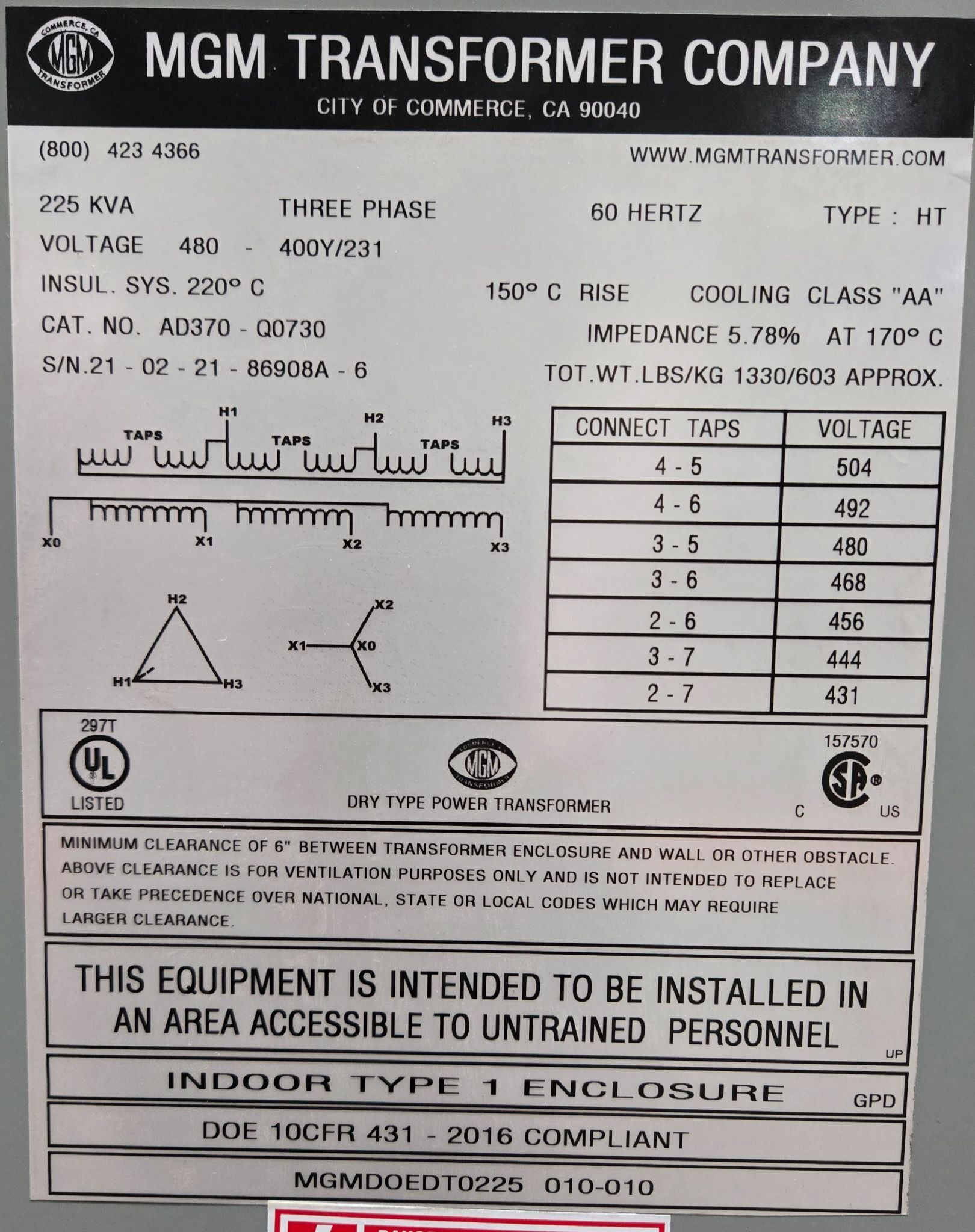 MGM AD370-Q0730 225 kVa Transformer 480V - 400Y/231V, 3-PH USED 3