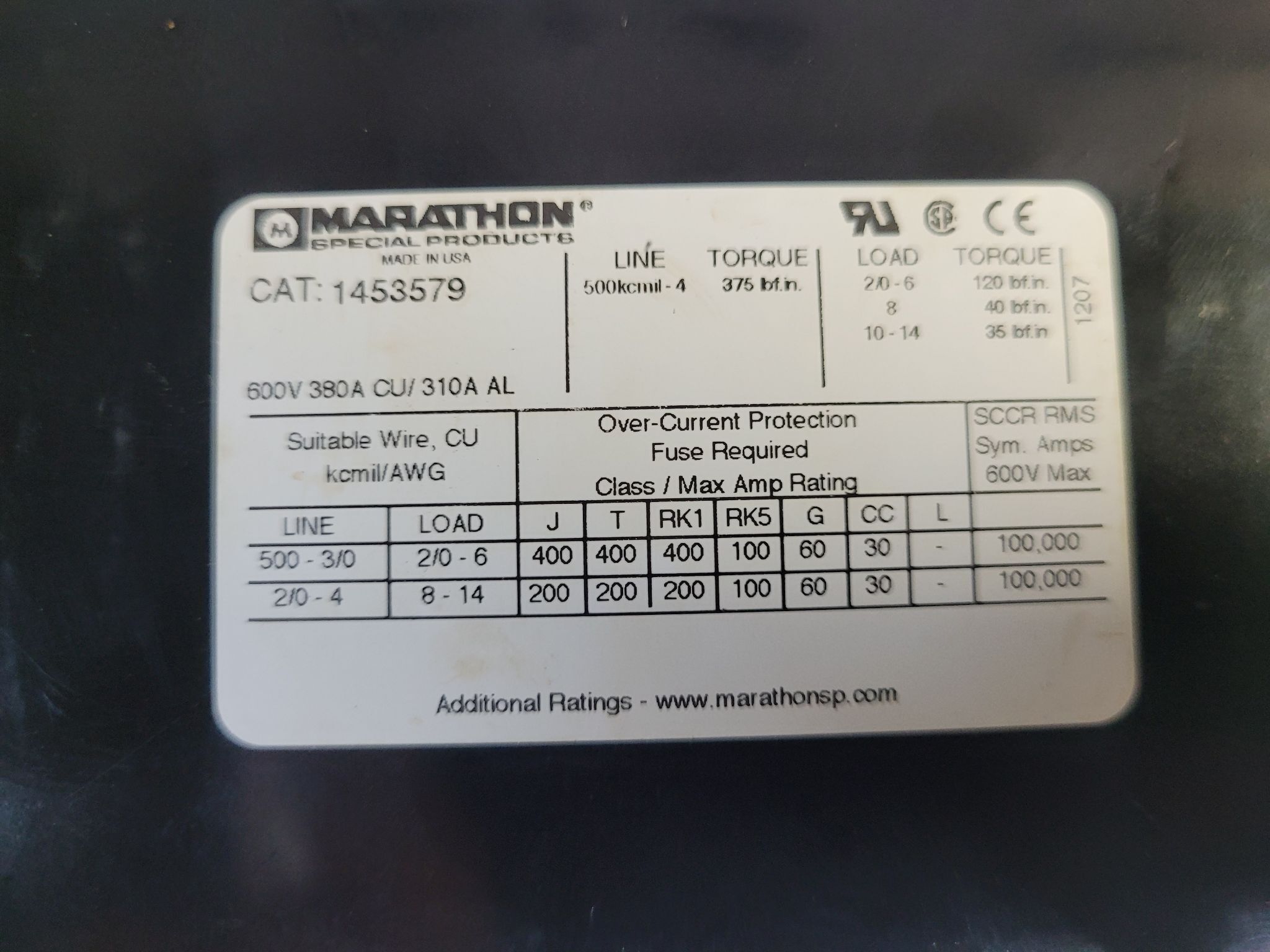 MARATHON 1453579 Power Distribution Block 380A 600V USED 3