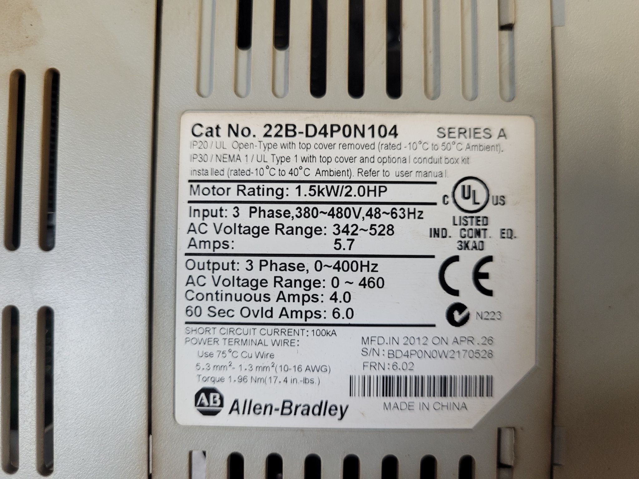 ALLEN BRADLEY 22B-D4P0N104 PowerFlex 40 AC Drive 2HP 480V USED 3