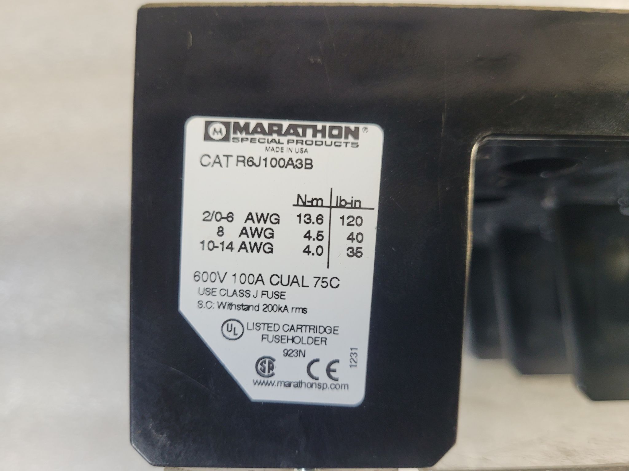 Marathon R6J100A3B 3-Pole 100A 600V Fuse Block USED 2