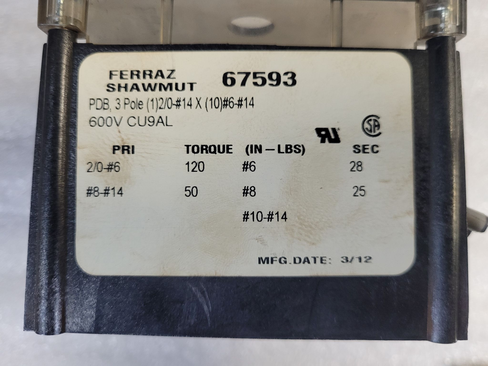 FERRAZ SHAWMUT 67593 Power Distribution Block USED 3
