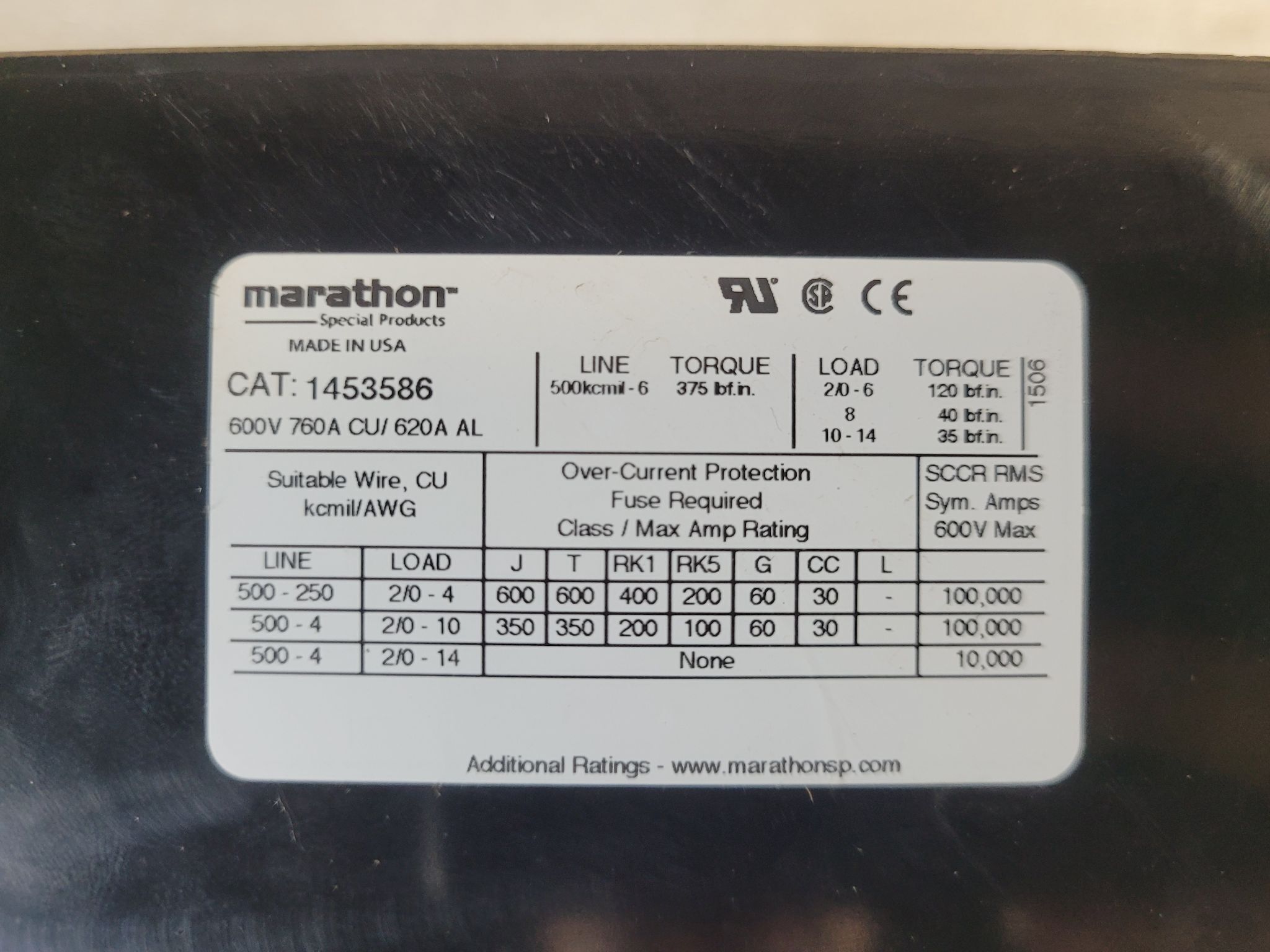 Marathon 1453586 Power Distribution Block 600V 760A 3-Pole USED 3