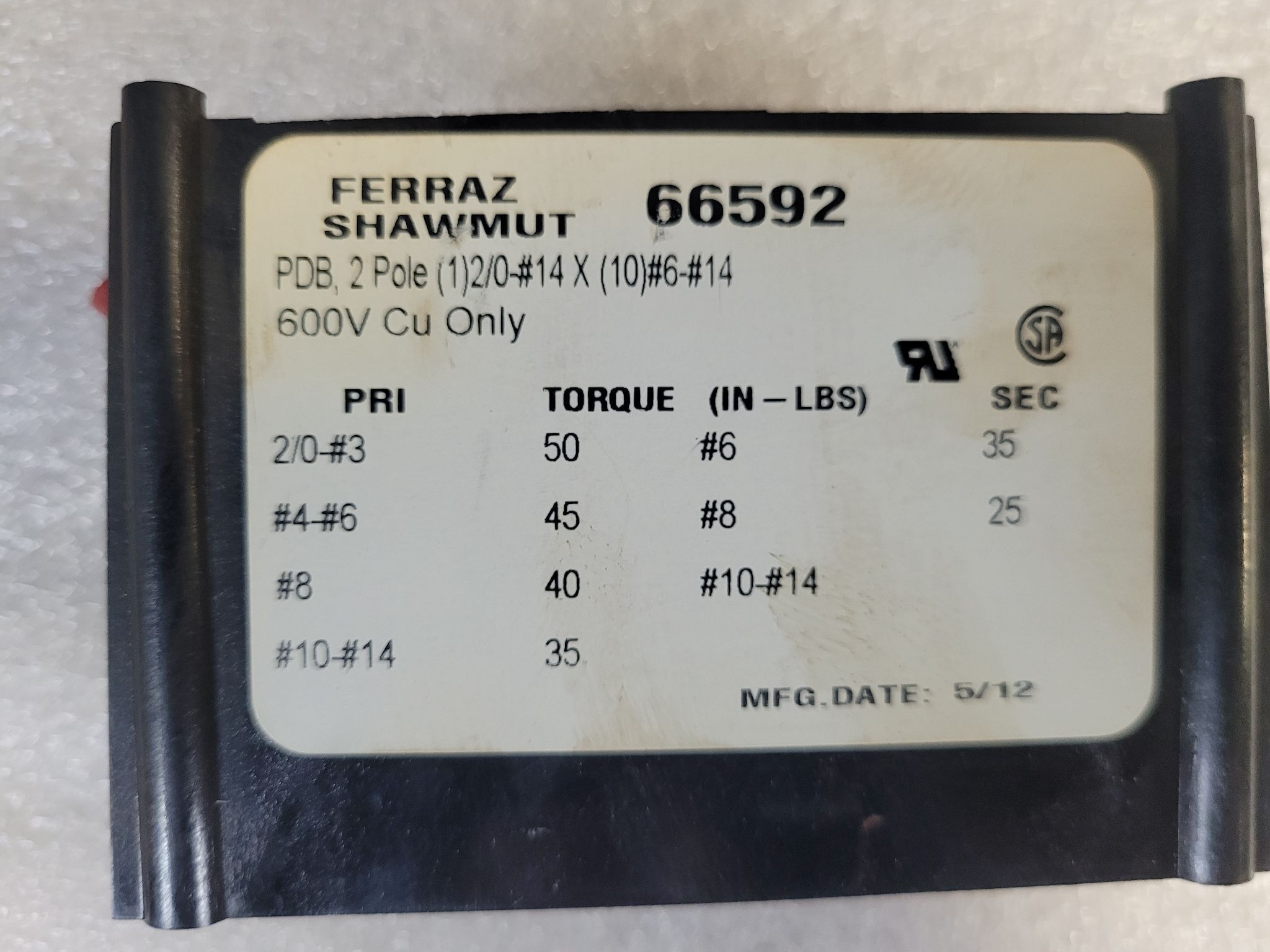 Ferraz Shawmut 66592 Power Distribution Block 600V 3-Pole USED 1
