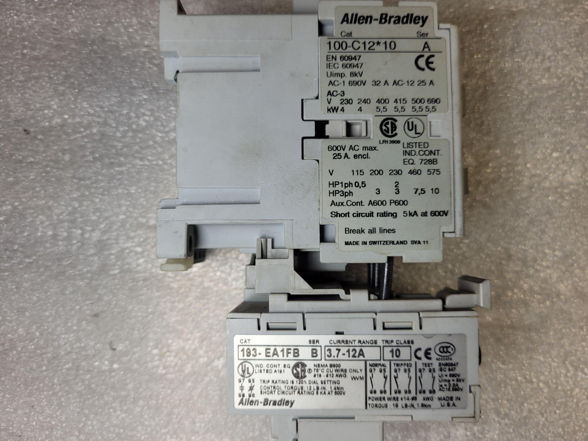 Allen Bradley 100-C12*10/A Contactor w/ 193-EA1FB/B Overload Relay USED 2