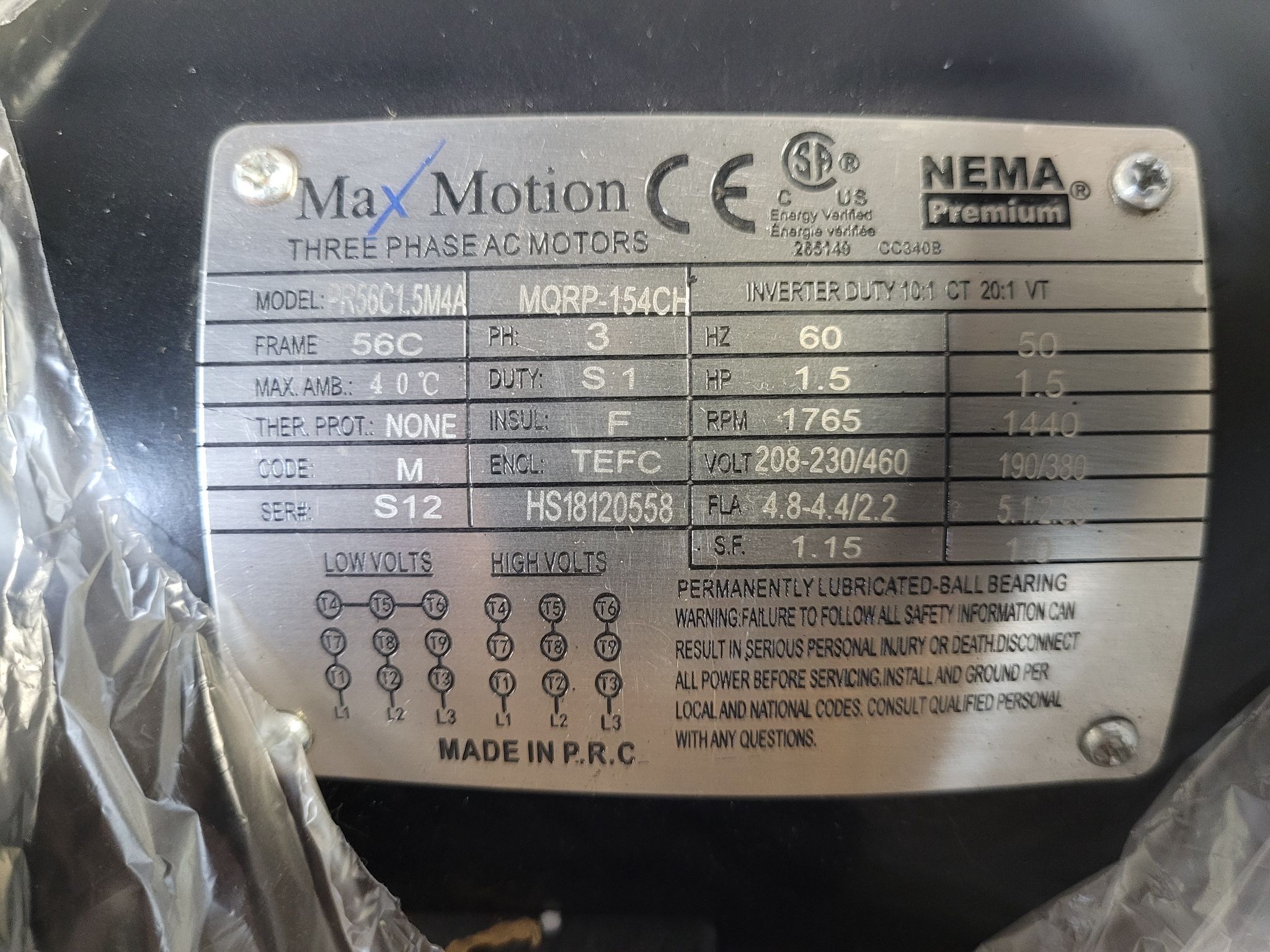 Max Motion PR56C1.5M4A 1.5HP 1800RPM 56C TEFC Motor NEW 3