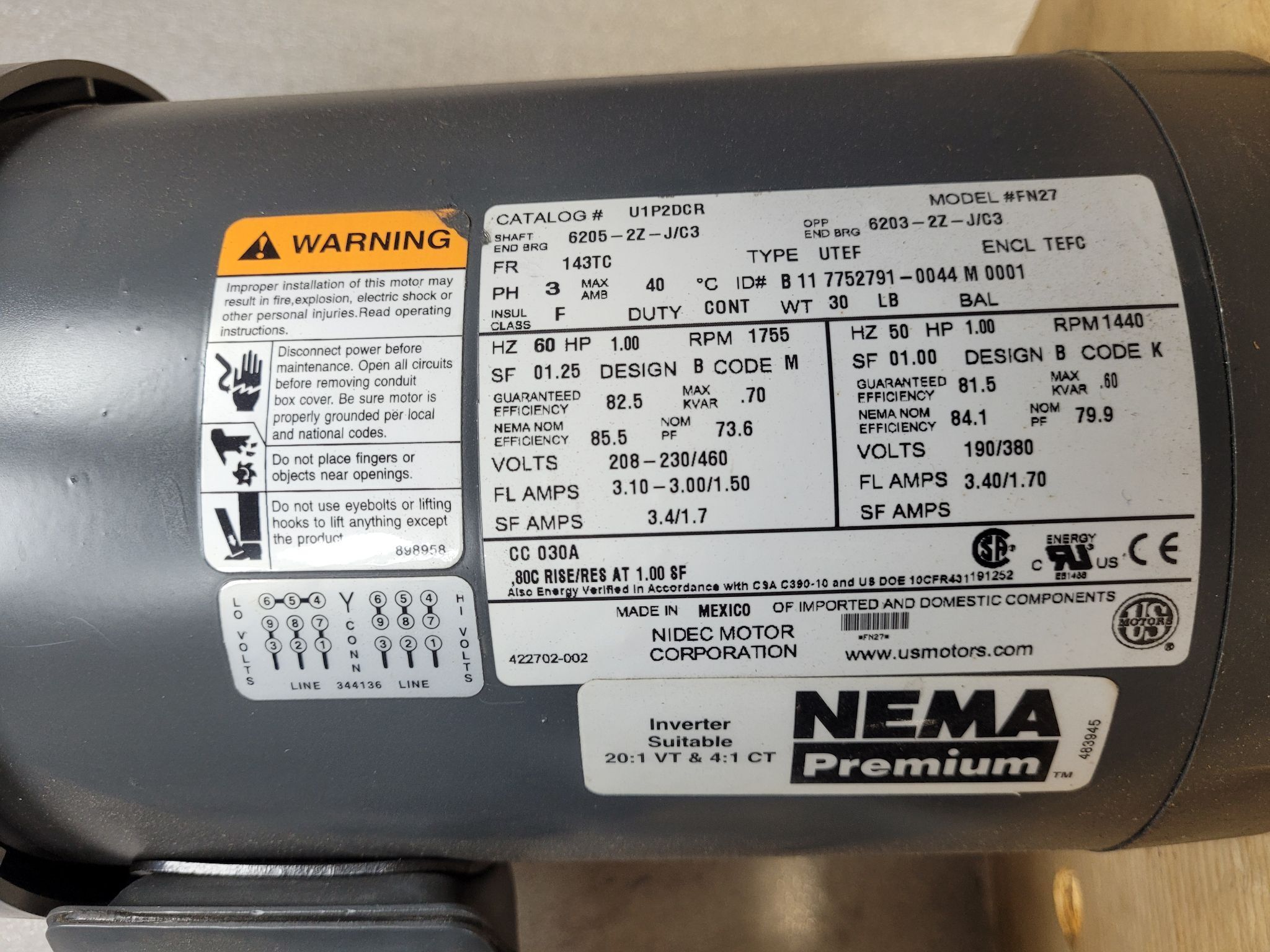 NIDEC U1P2DCR FN27 1HP 1800RPM 3-Phase Motor USED 3