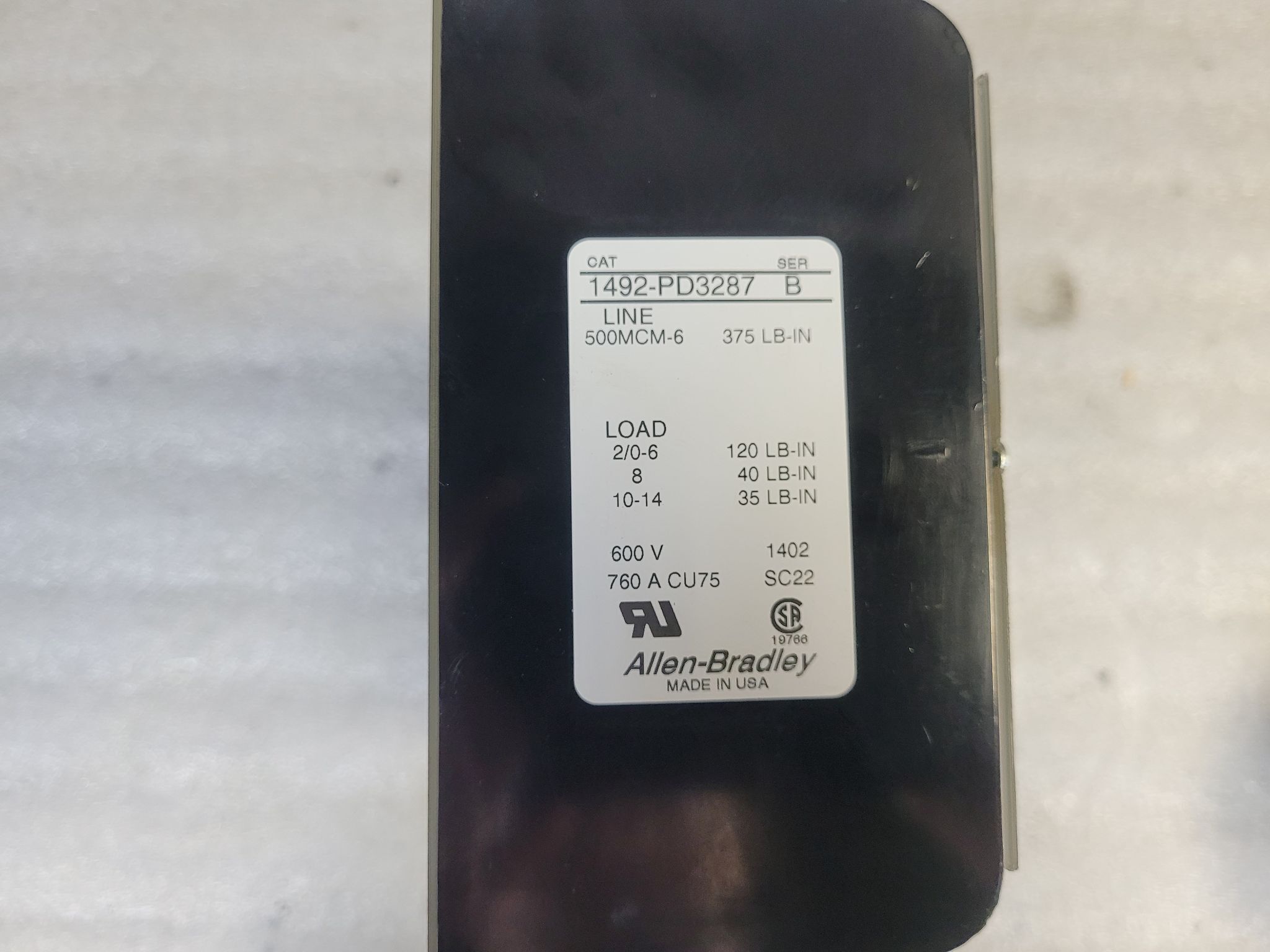 Allen Bradley 1492-PD3287/B Power Distribution Block 760A 600V USED 1
