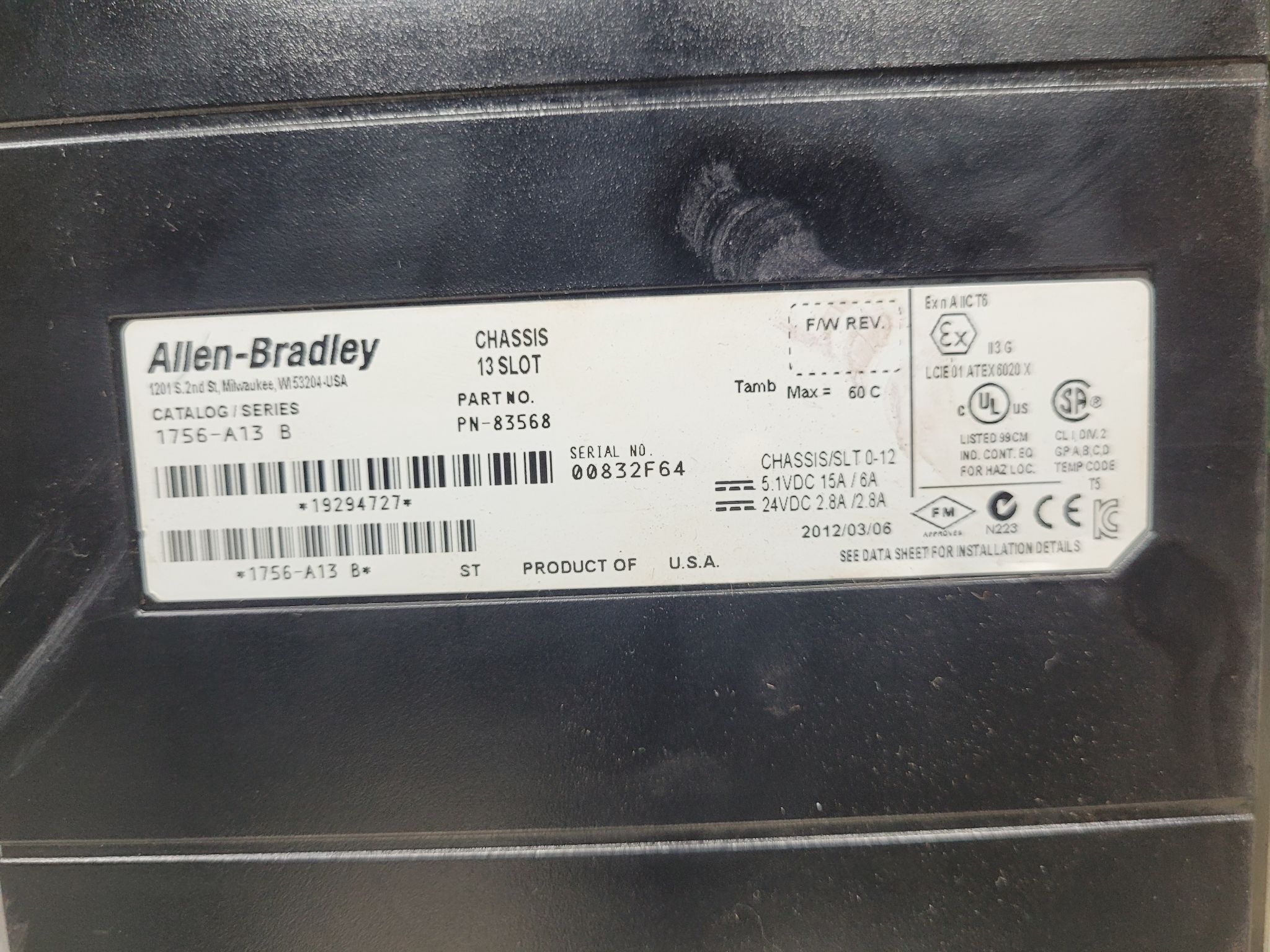 ALLEN BRADLEY 1756-PA75 + 1756-A13 13-Slot PLC Chassis USED 3