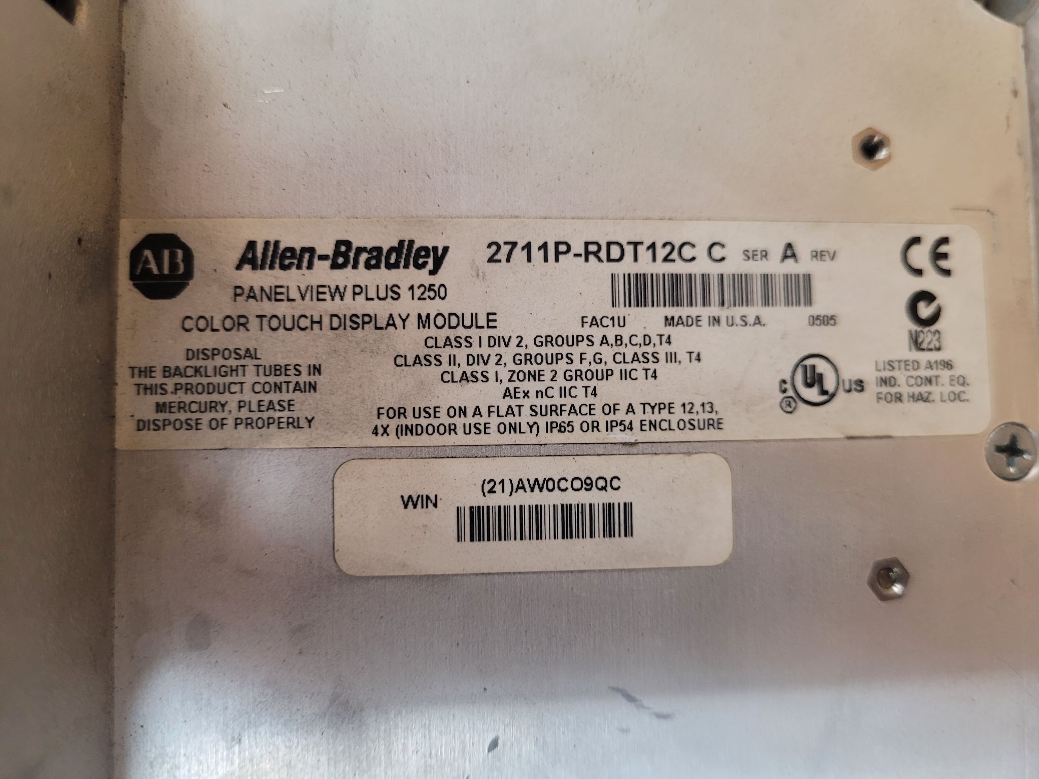 ALLEN BRADLEY PanelView Plus 1250 w/ 2711P-RP6 Logic Module USED 4