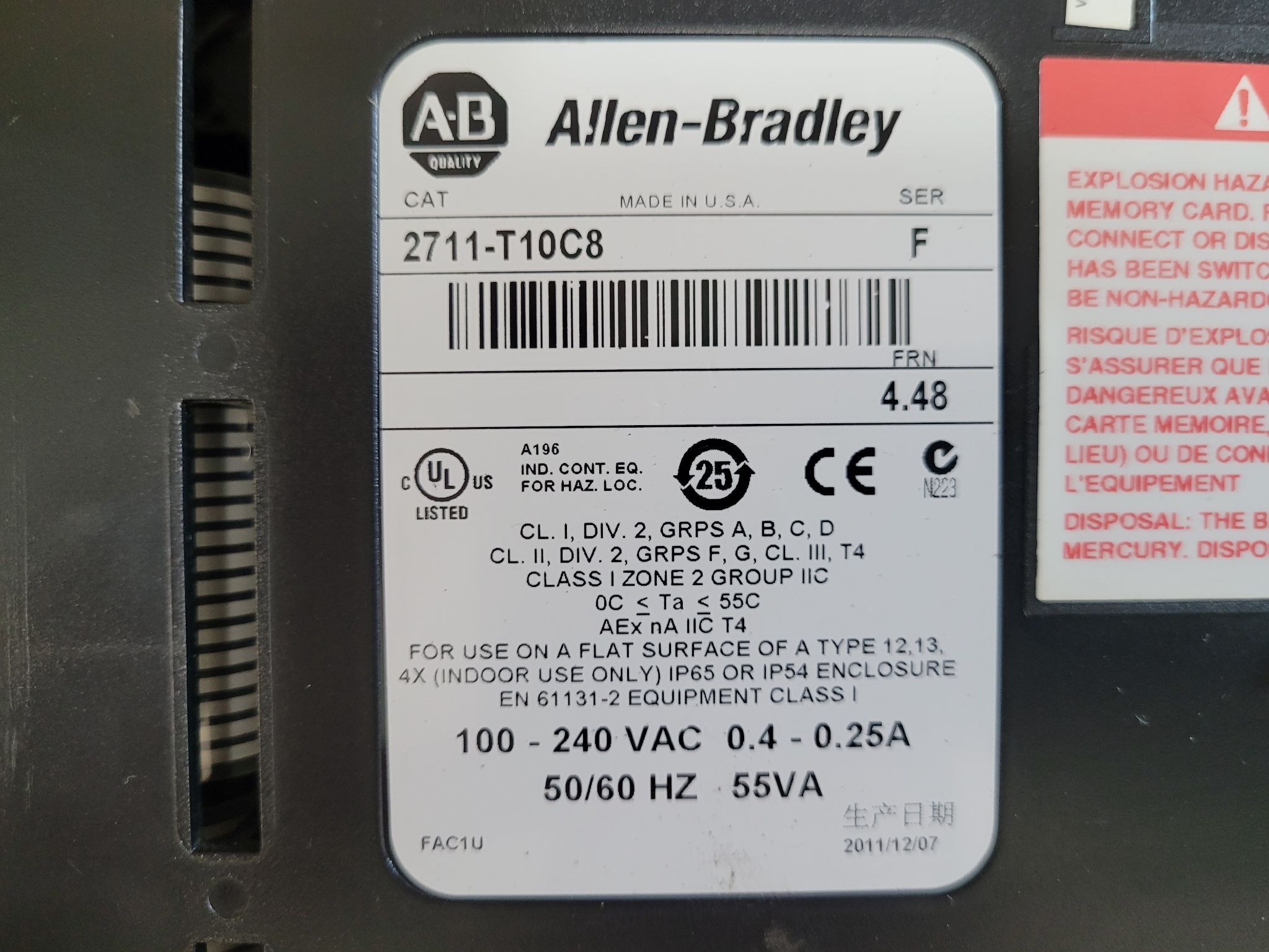 ALLEN BRADLEY PanelView 1000 HMI Operator Panel 2711-T10C8 USED 2