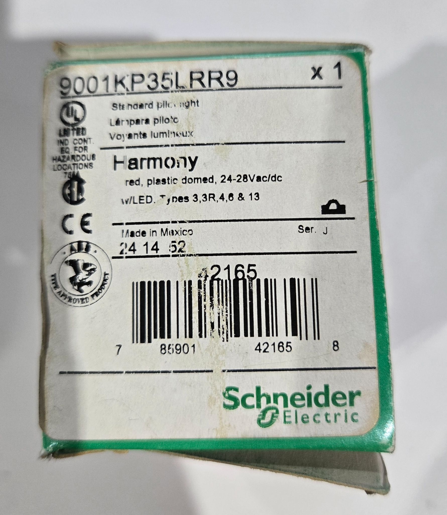 SCHNEIDER 9001KP35LRR9 Pushbutton Red Pilot Light 24–28VAC/DC NEW 1