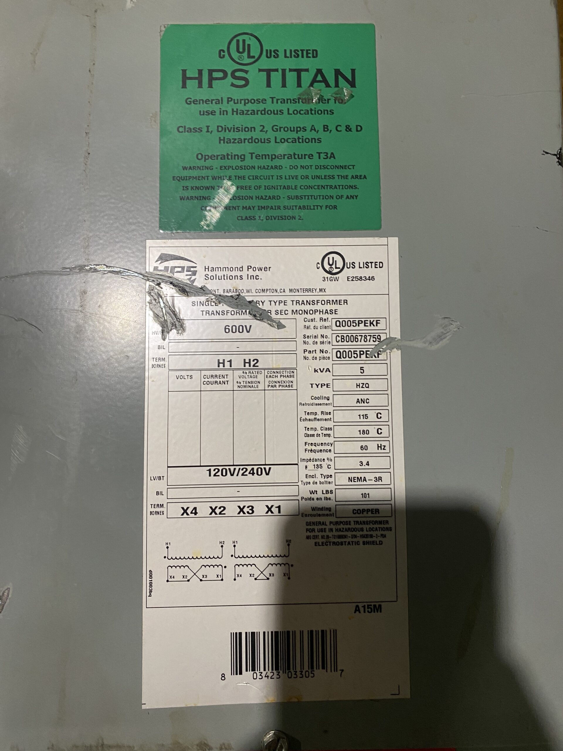 Hammond Power Solutions - Q005PEKF Transformer 600V - 120/240V, 5 kVA USED 1