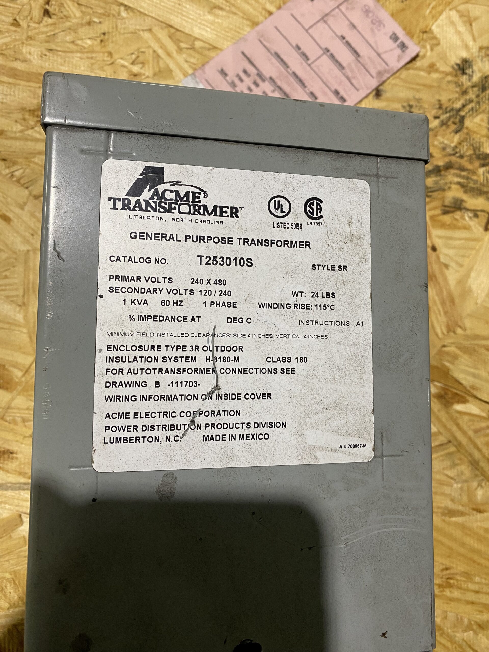 ACME ELECTRIC - T253010S Transformer 240X480V - 120/240V, 1kVA USED 1