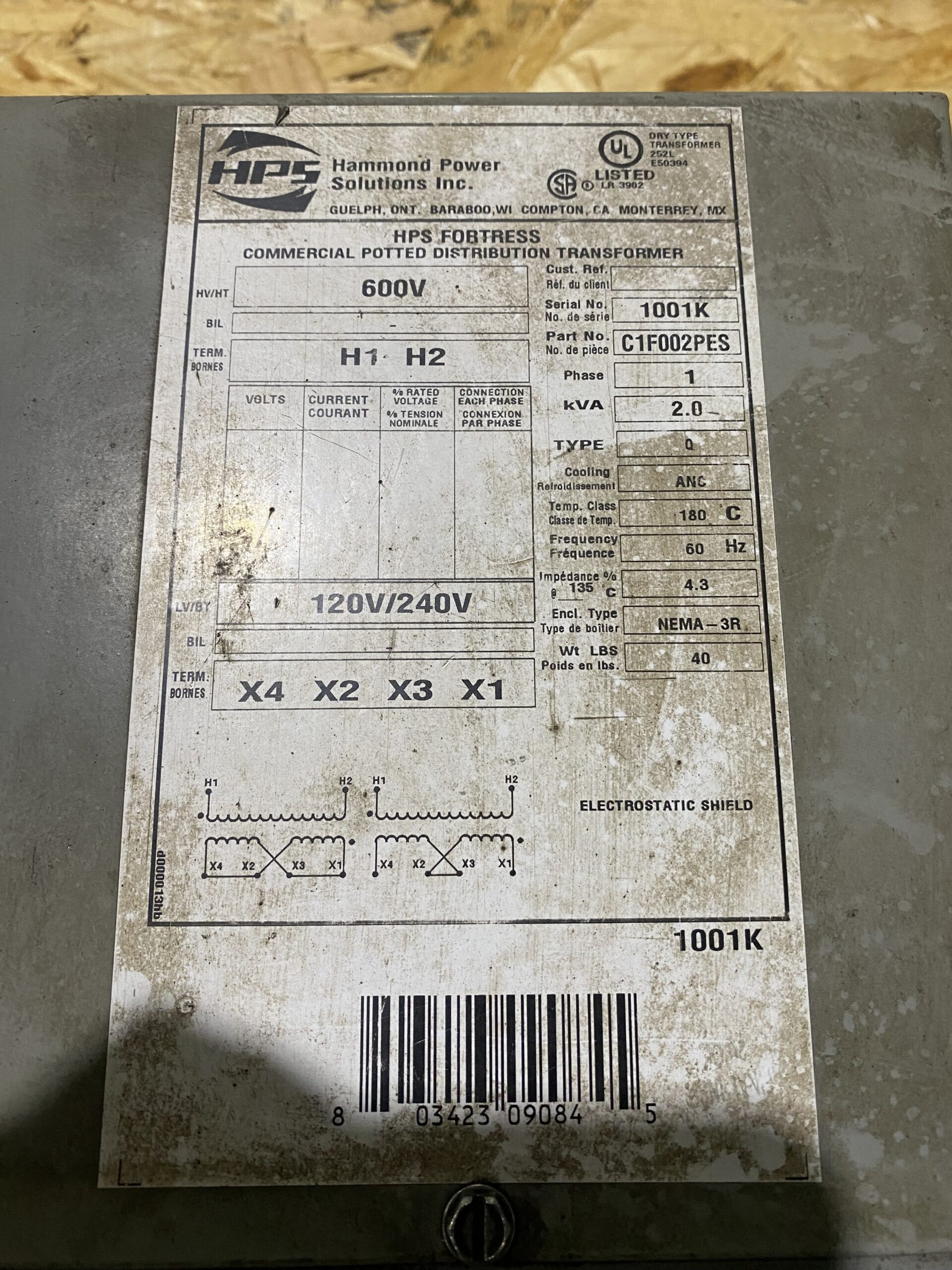 Hammond Power Solutions - C1F002PES Transformer 600V - 120/240V, 2kVA USED 1