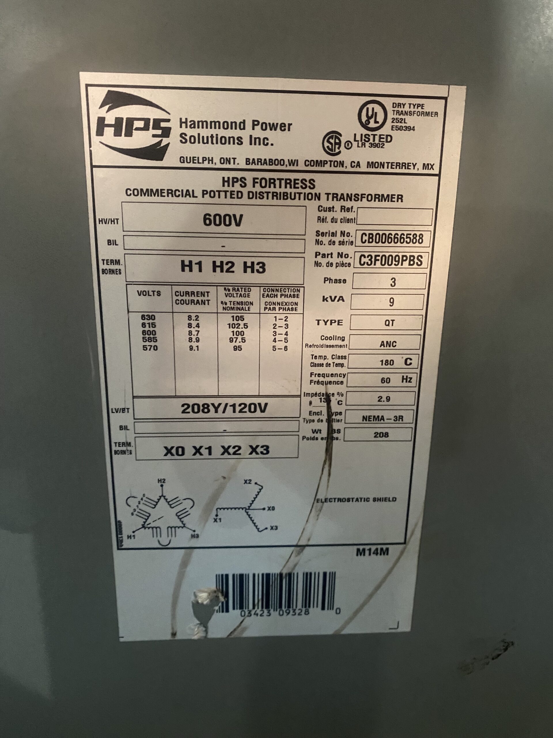 Hammond Power Solutions - C3F009PBS Transformer 600V - 208Y/120V, 9kVA USED 2