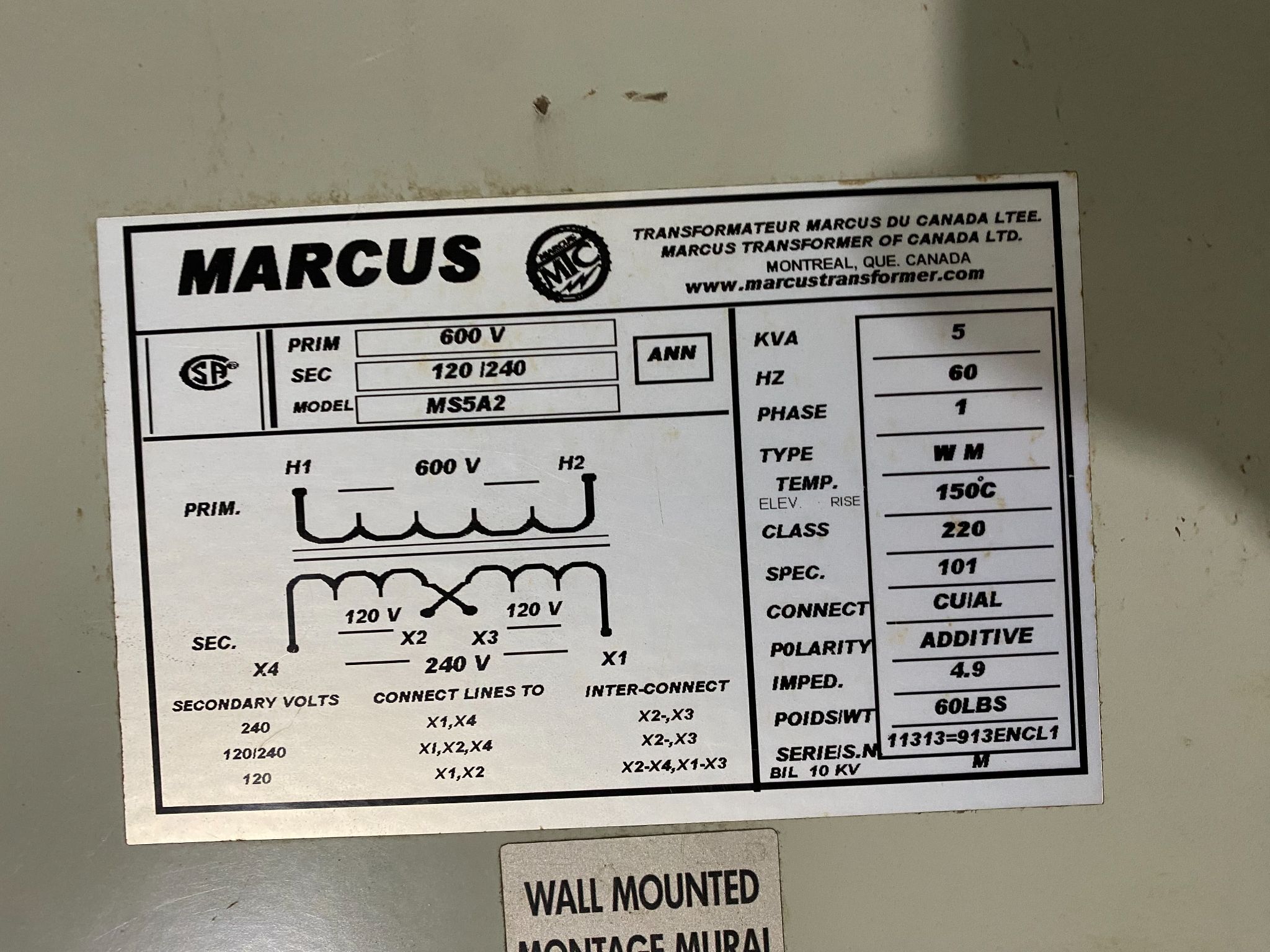 MARCUS MS5A2 Transformer 600V-120/240V, 5 kVA USED 3