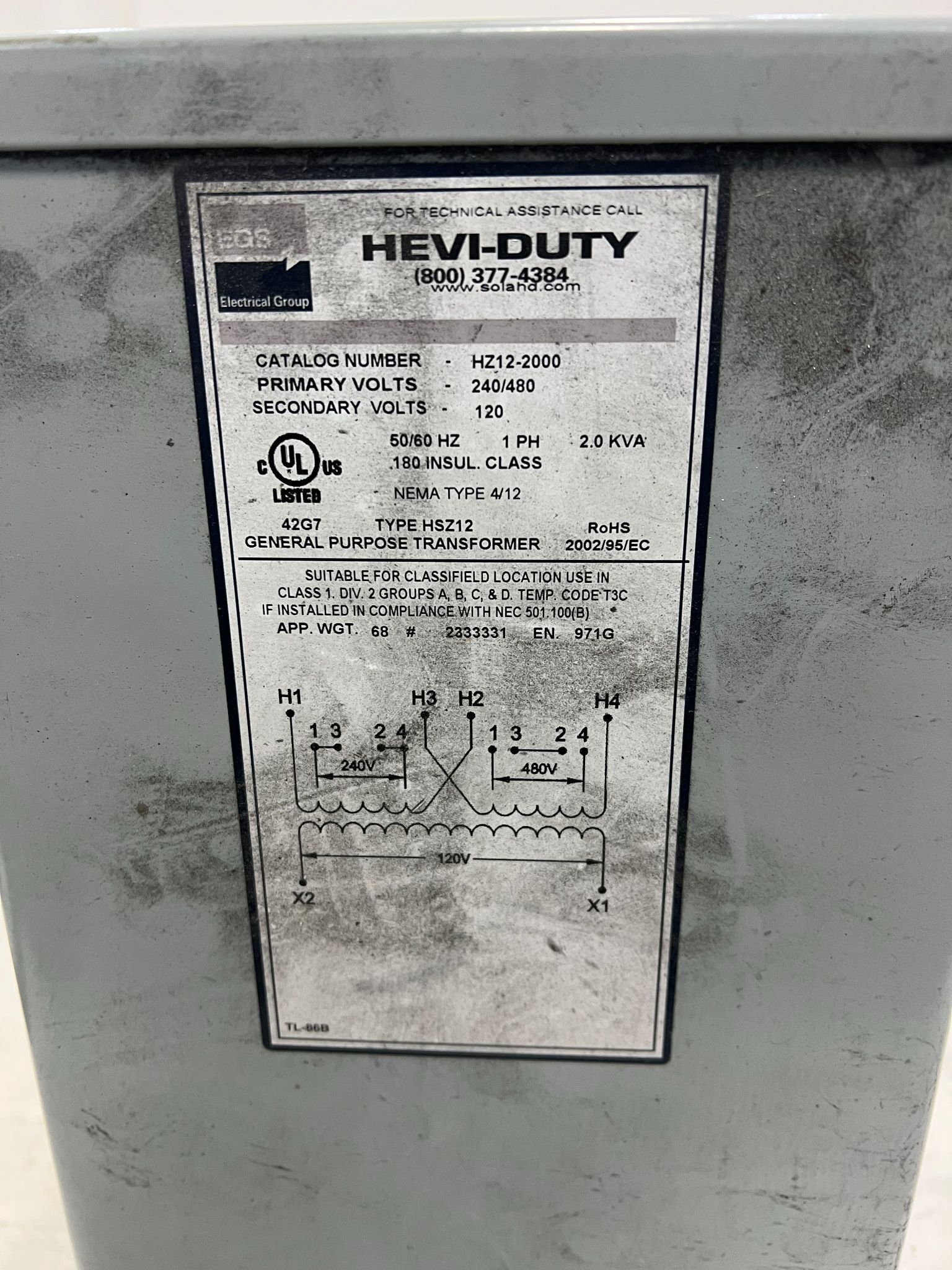 HEVI-DUTY HSZ12-2000 480V/240V to 120V 1 PH GENERAL PURPOSE TRANSFORMERS USED 2