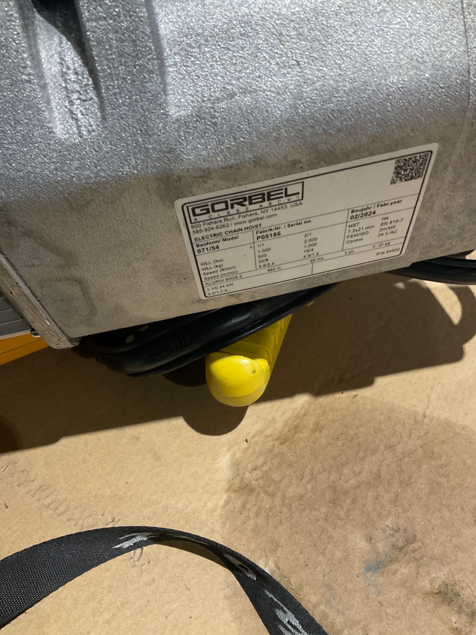 GORBEL 071/54 ELECTRIC CHAIN HOIST TROLLEY USED (HIGH CAPACITY) 1 TON 2