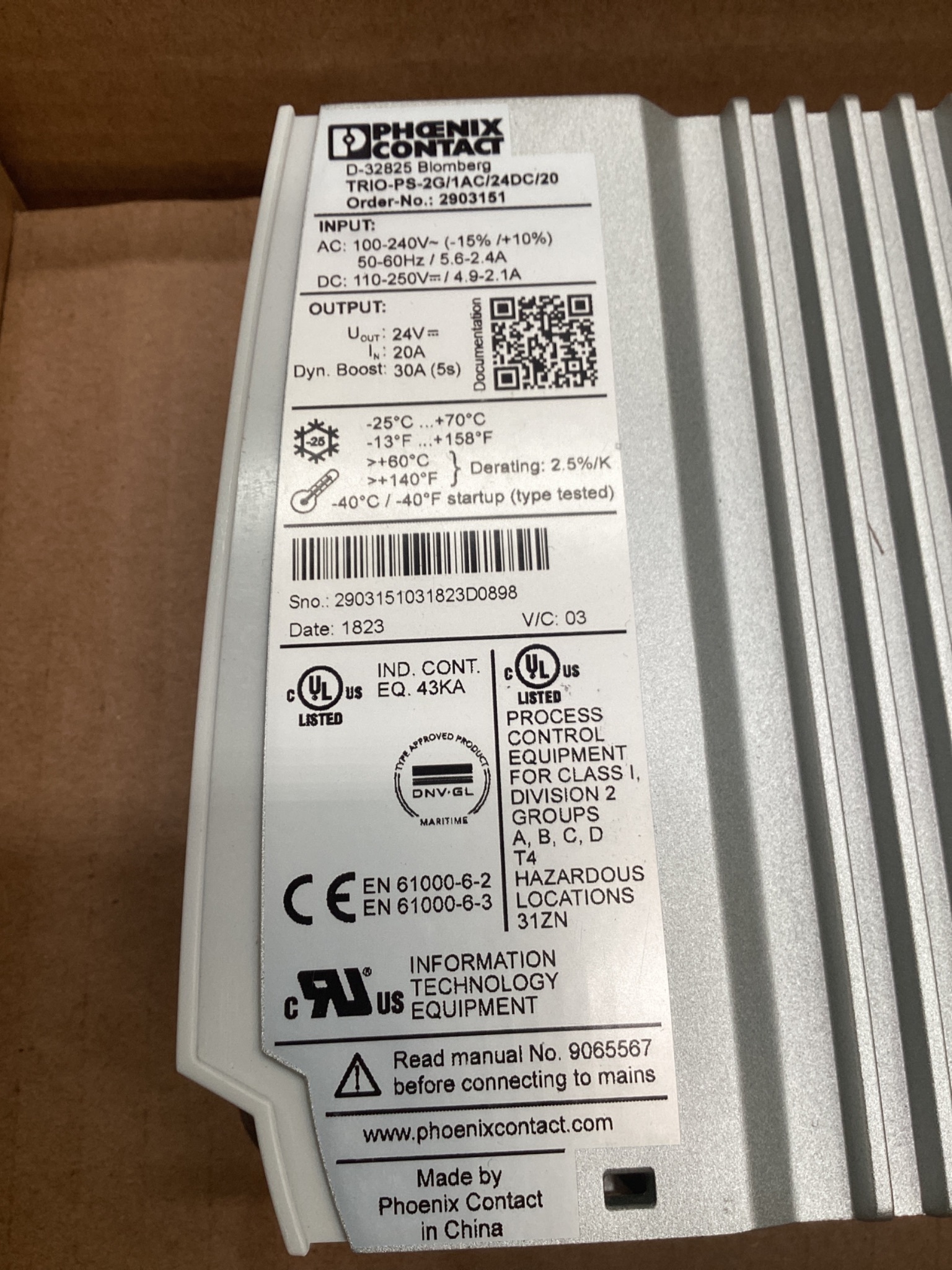PHOENIX CONTACT 2903151 TRIO Power Supply 24VDC 20A NEW 7