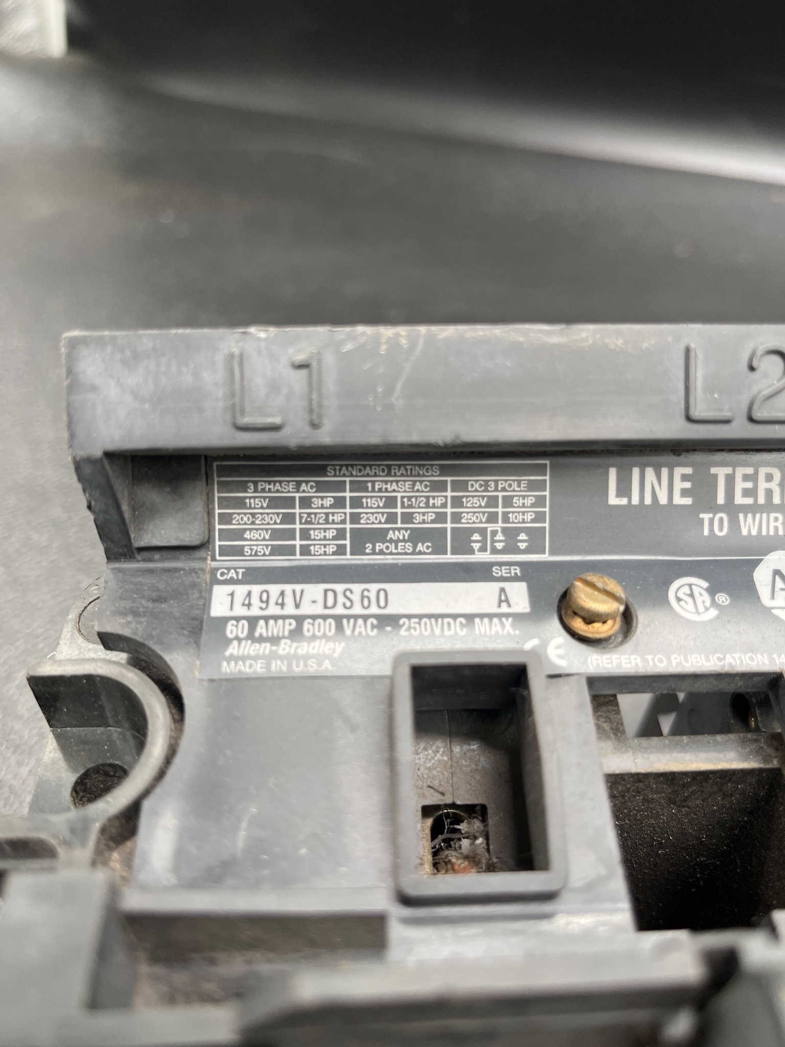 ALLEN BRADLEY 1494V-DS60 Disconnect Switch Ser. A USED 4